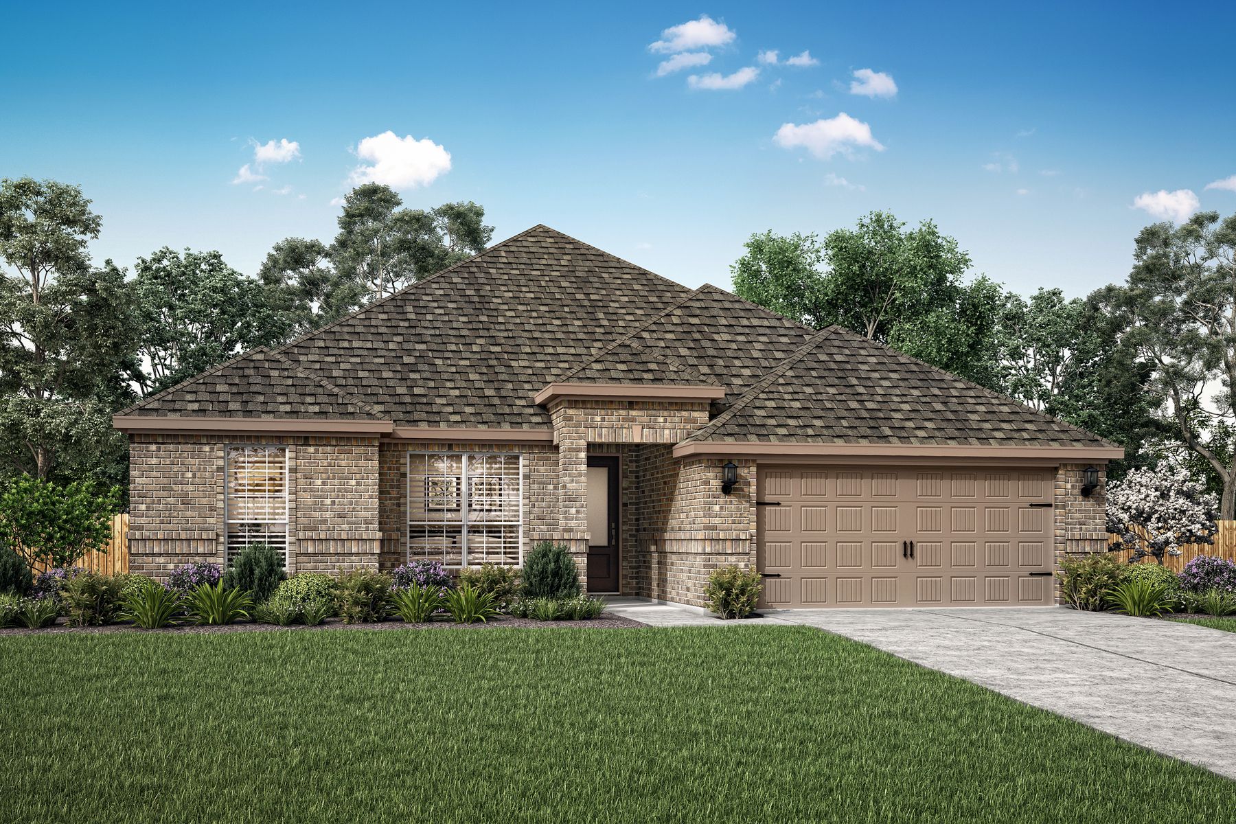 Single-story home with brick and front yard landscaping
