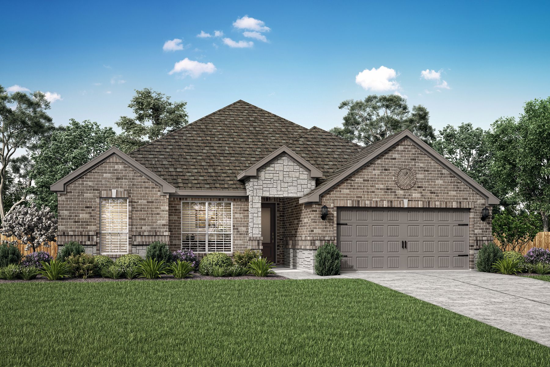 Single-story home with brick and stone and front yard landscaping