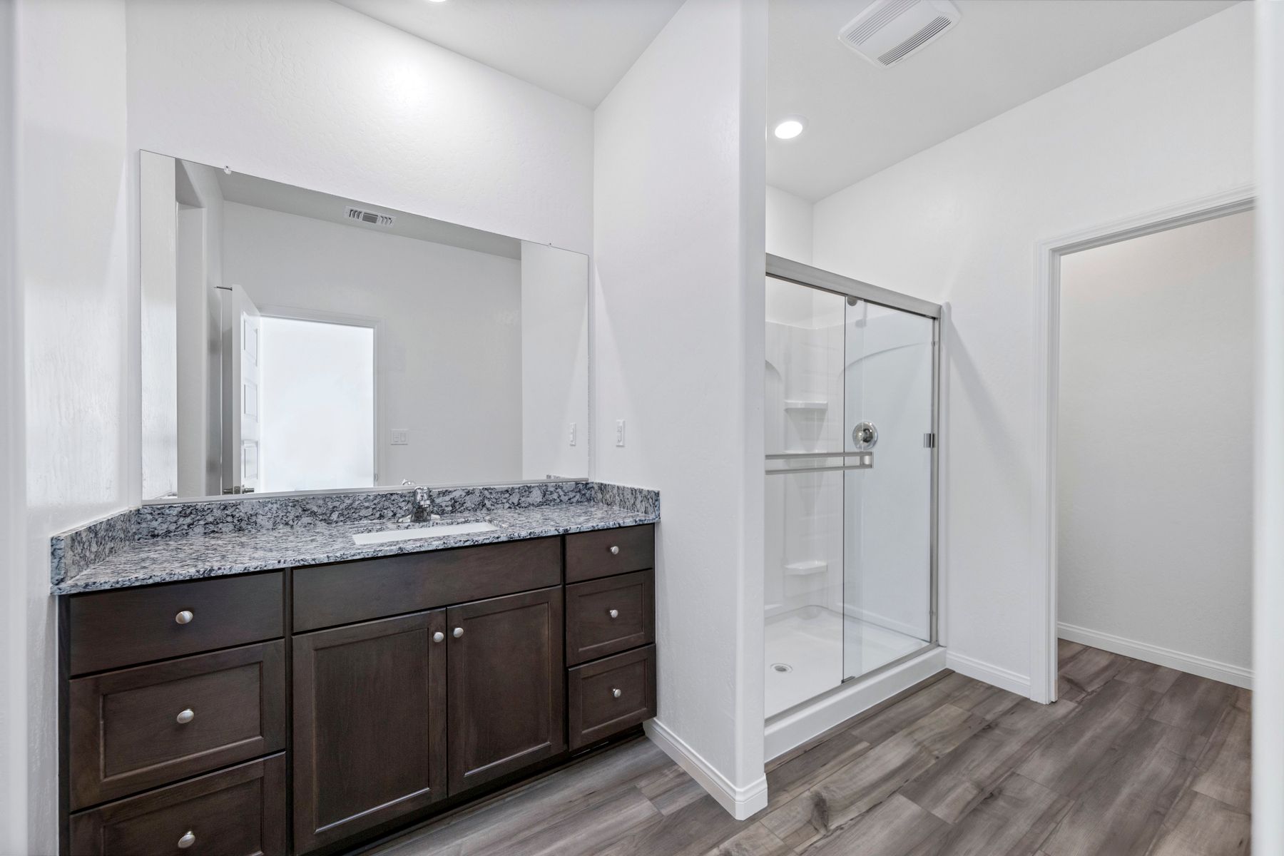 The master bathroom has a large vanity and a step in shower.