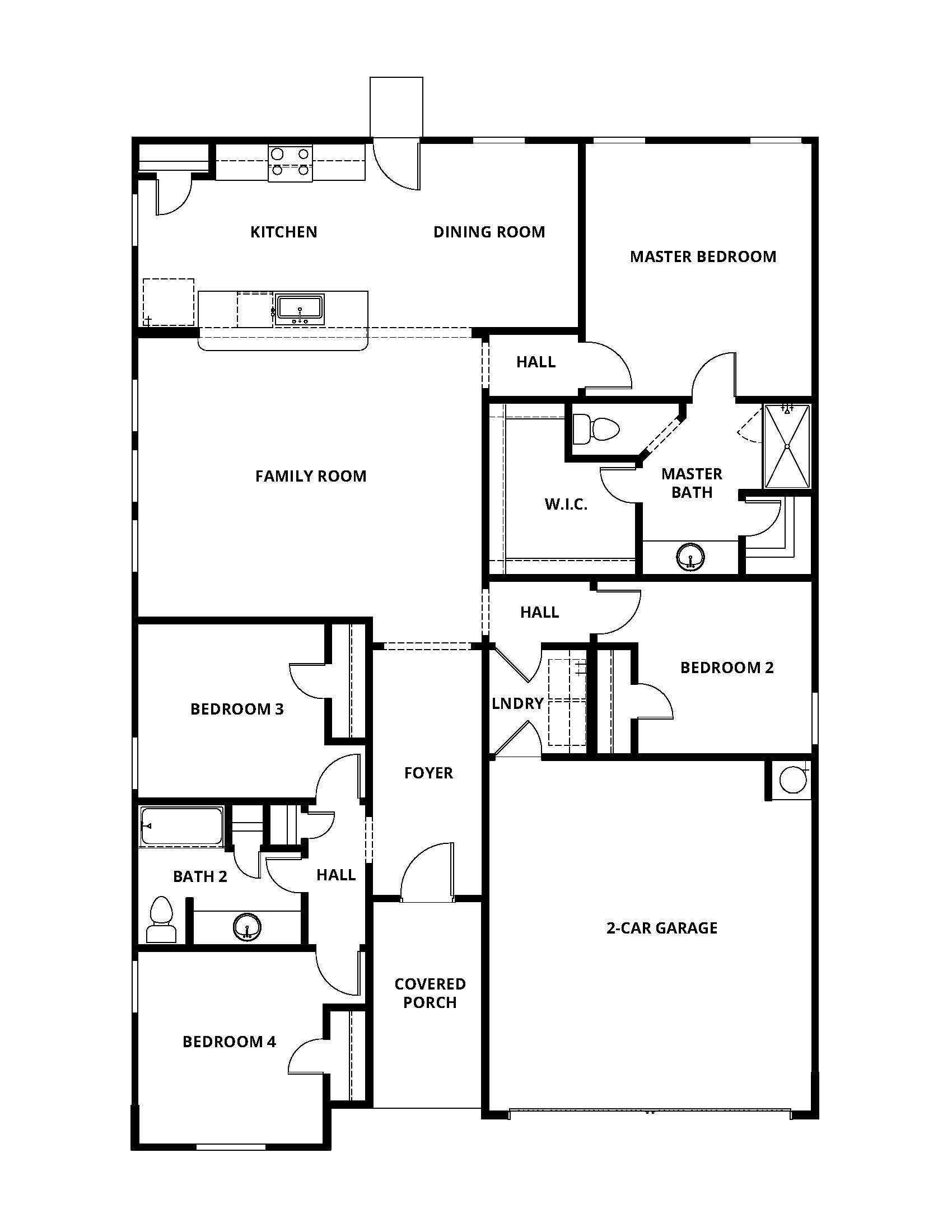 Open layout with a two-car garage and sizable bedrooms.