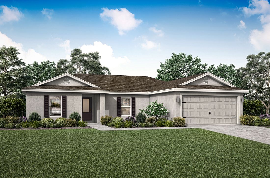 Beautiful, one-story home with stunning front yard landscaping.