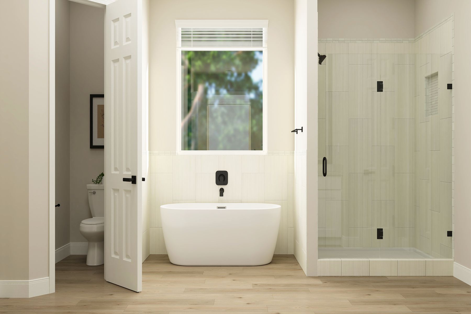 Master bath includes a separate soaker tub