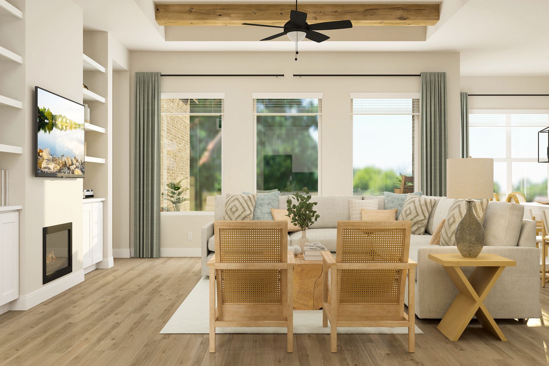 The family room has beams on the ceiling
