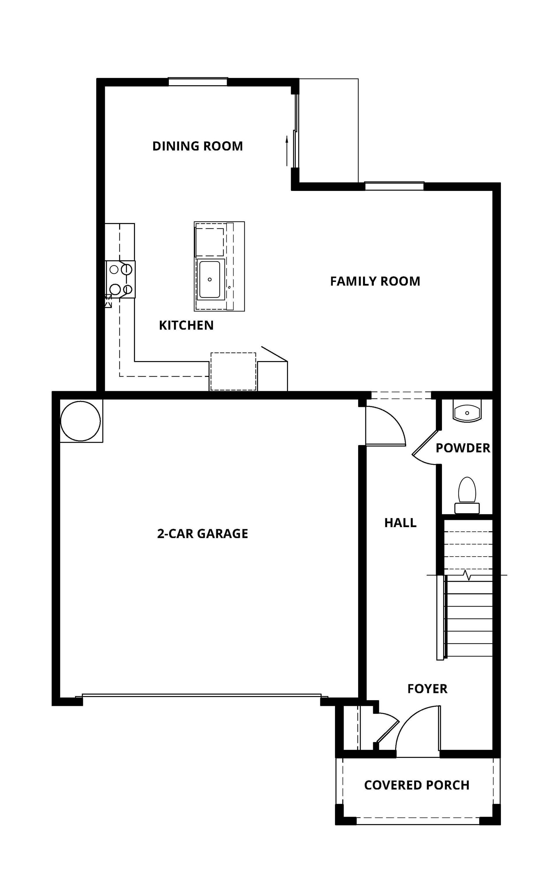 The first floor of the Willow has the spacious family room and the chef ready kitchen.