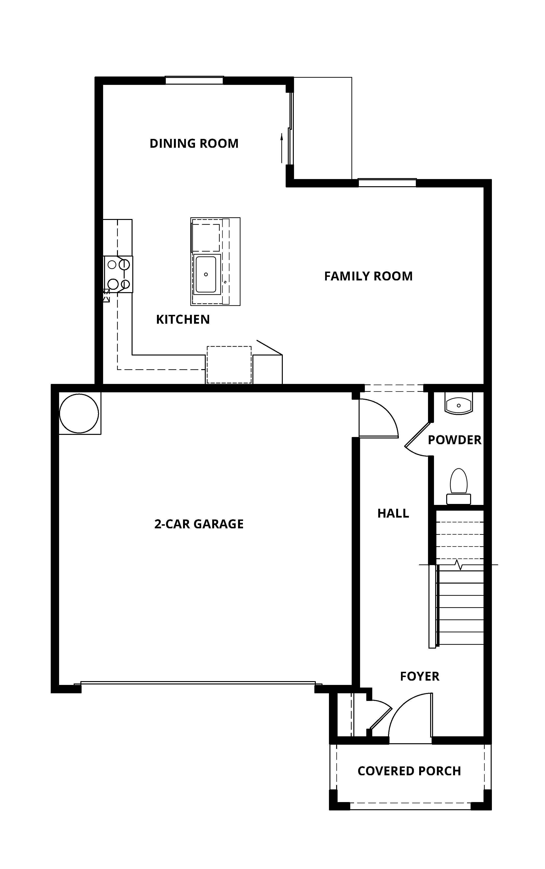 The first floor of the Willow has the spacious family room and the chef ready kitchen.