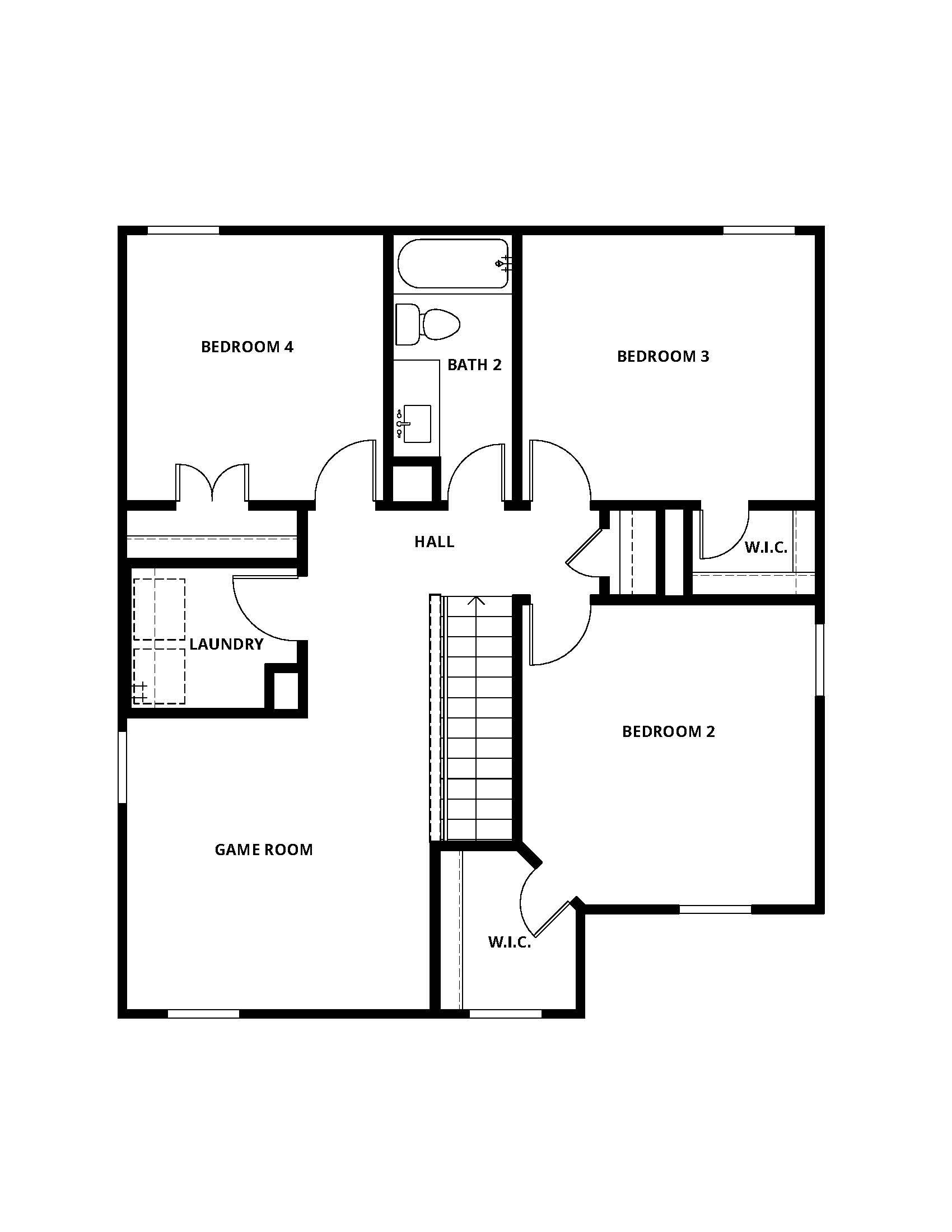 The second floor of the Sudan floor plan has three bedrooms, a bathroom and a game room loft.