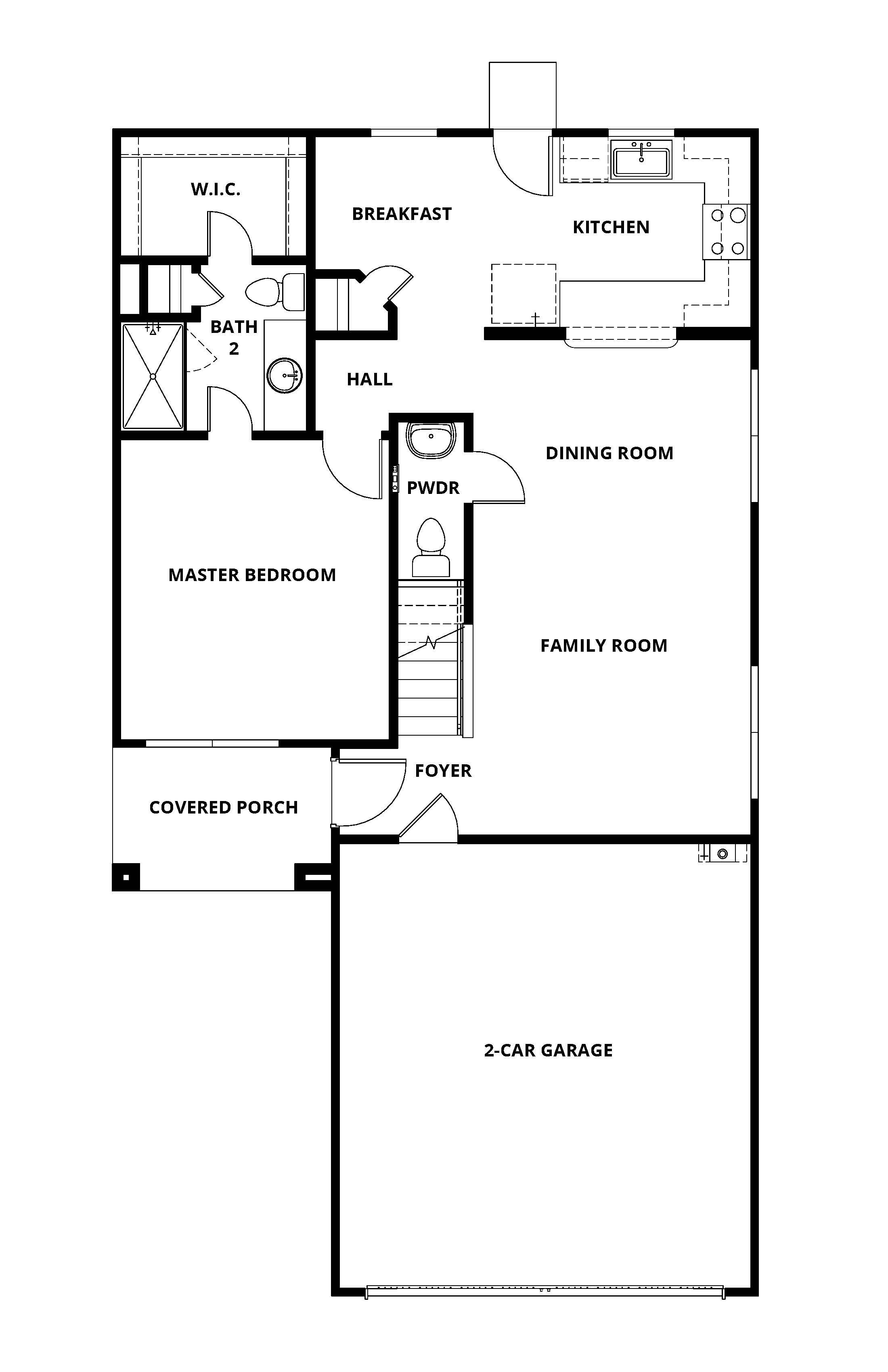 The first floor of the Piper has a kitchen, family room, dining room and master suite,