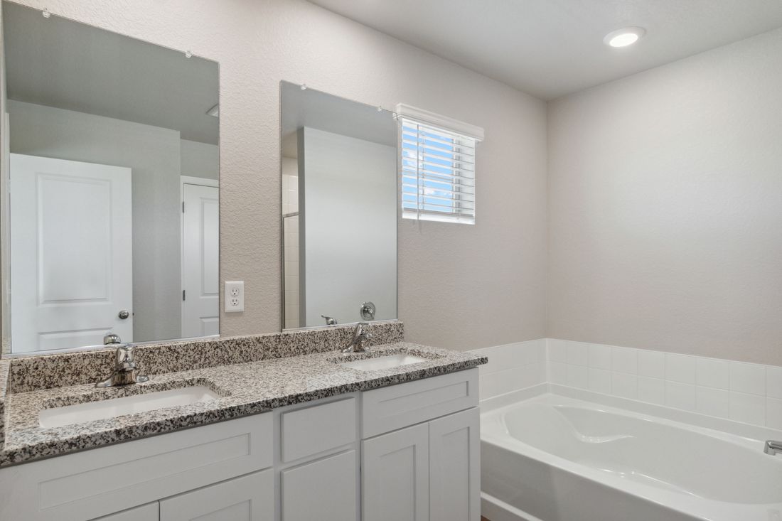 The master bathroom of the Platte has dual sinks and plenty of vanity space.