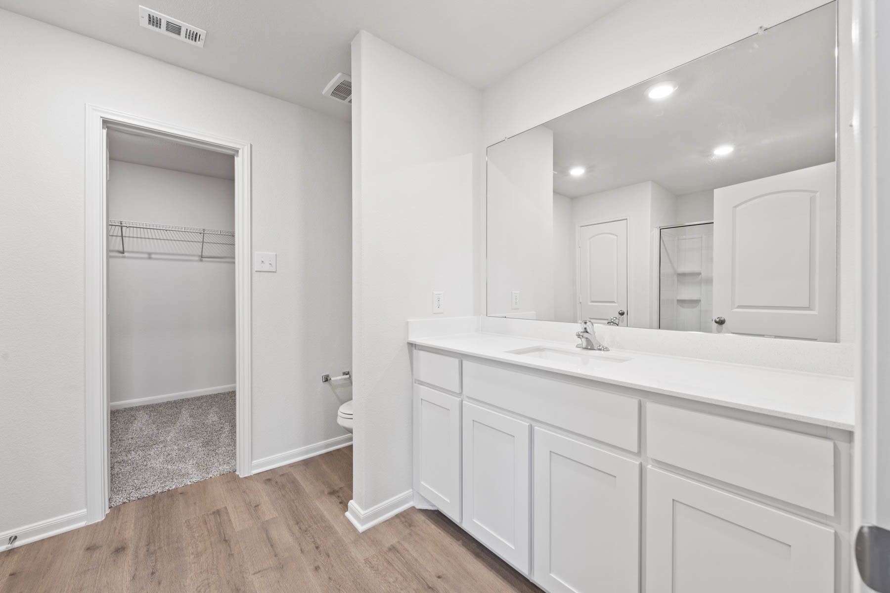 The master bathroom has a large vanity with plenty of counterspace.
