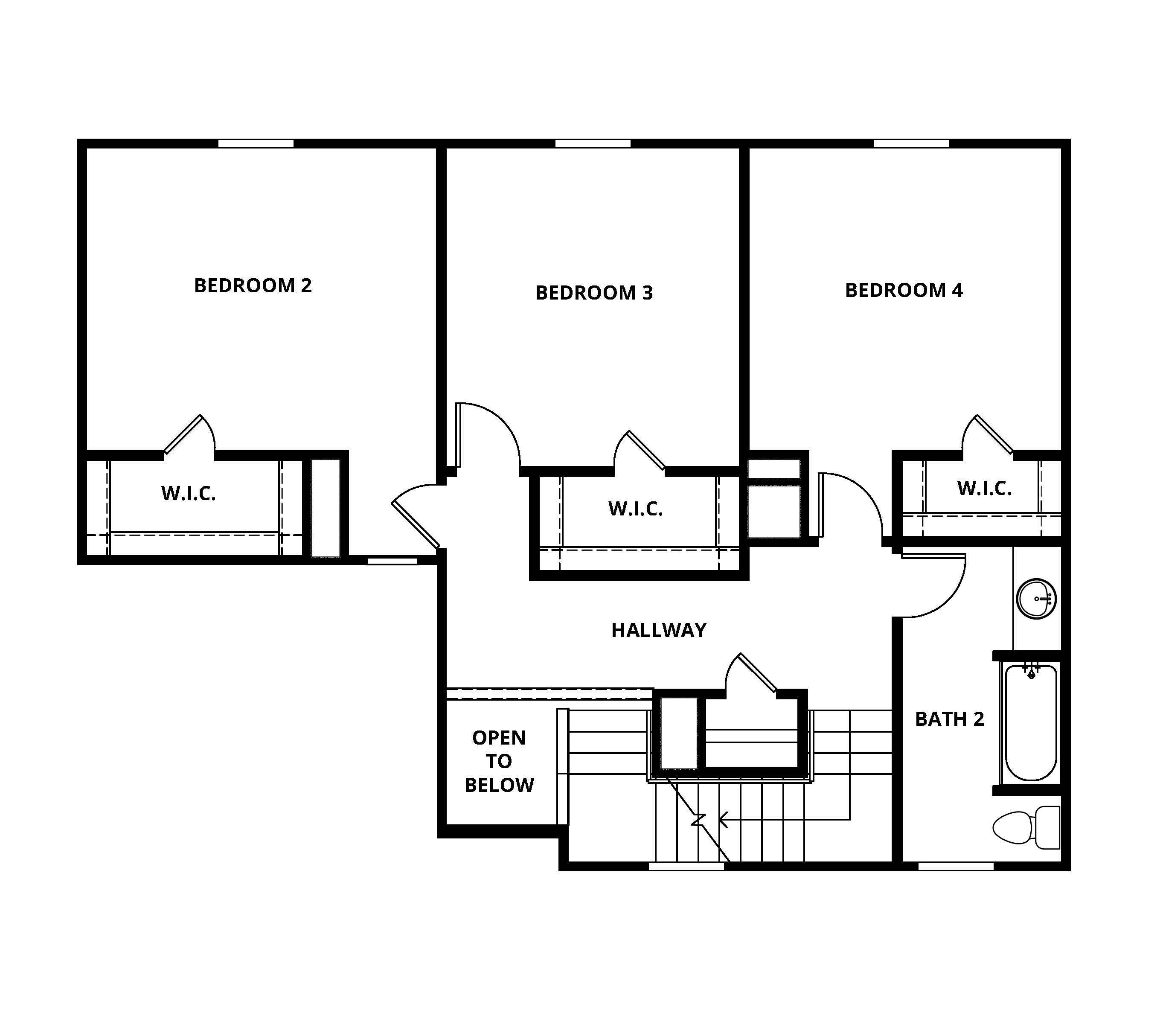 The second floor of the Willow features three bedrooms.