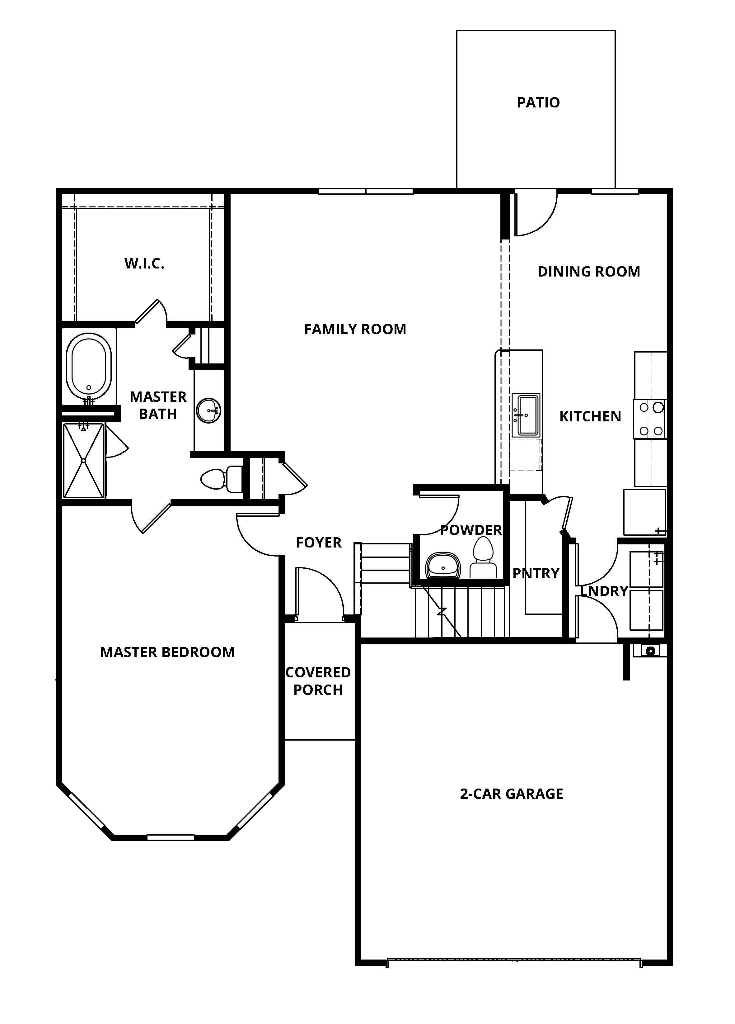 The first floor of the Willow has the chef-ready kitchen and master bedroom.