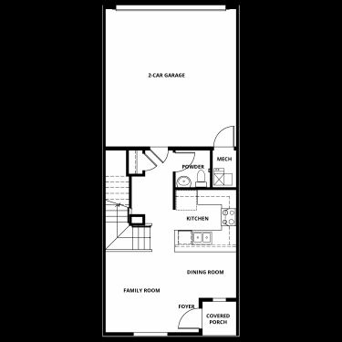 The first floor of the Loveland includes the kitchen, family room, powder room and two-car garage.