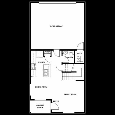 The first floor of the Monarch includes the kitchen, family room, powder room and two-car garage.