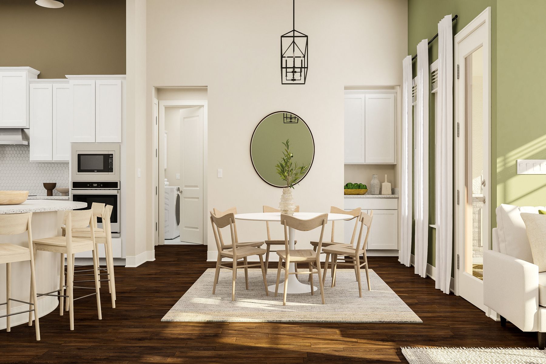 The Bradley's dining area that features a natural dining set and leads out French-style doors to the outdoor patio.