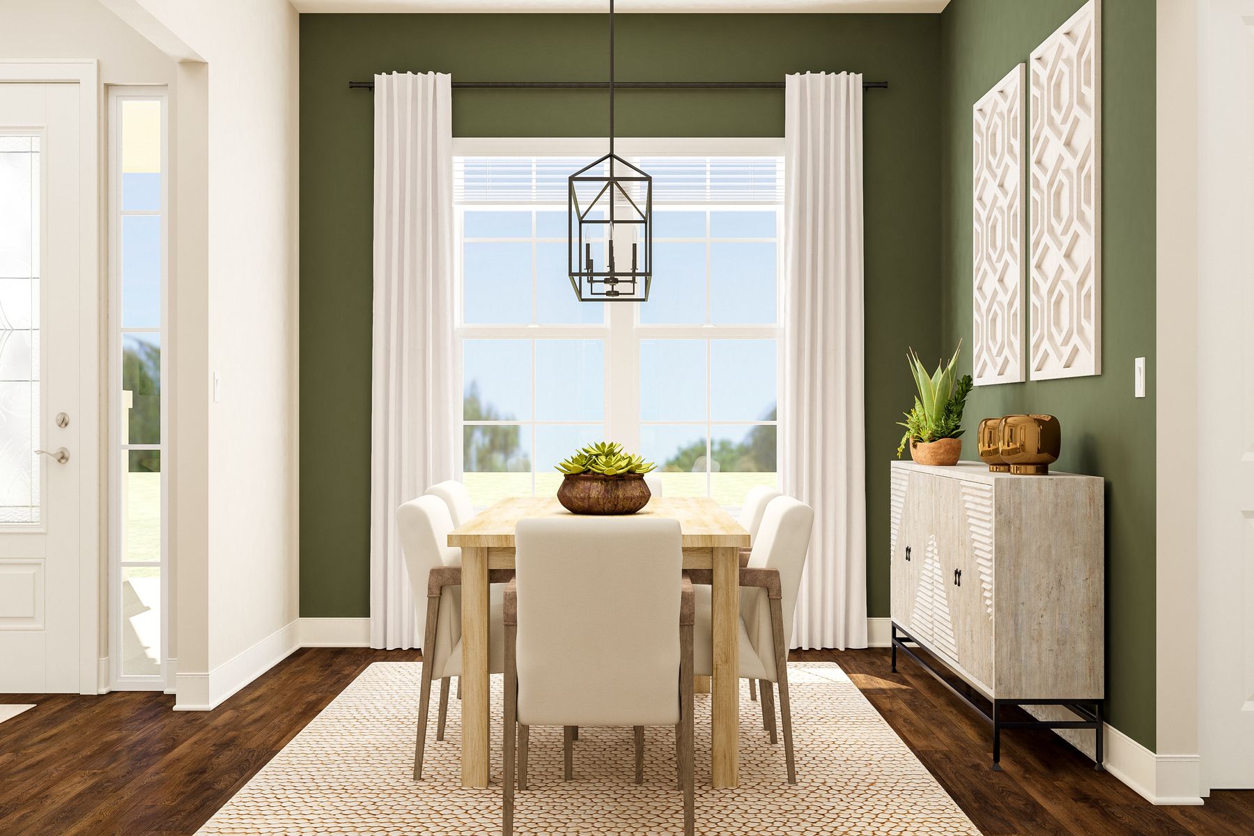 The Bradley's formal dining room that features luxe wood flooring and an eye-catching light fixture. The large window provides lots of natural light.