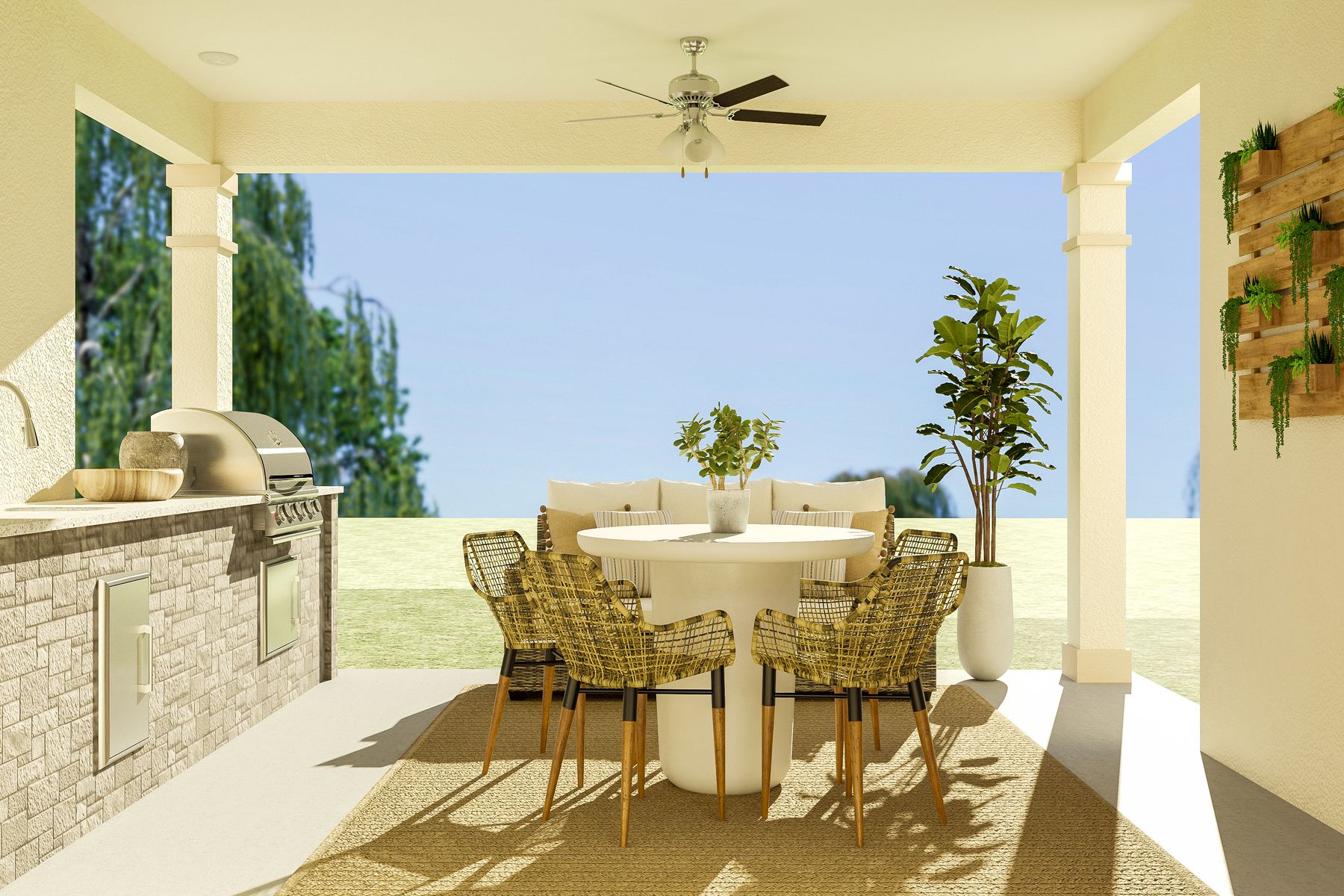 Outside, the covered patio has an outdoor kitchen and plenty of space for a dining table or sitting area.