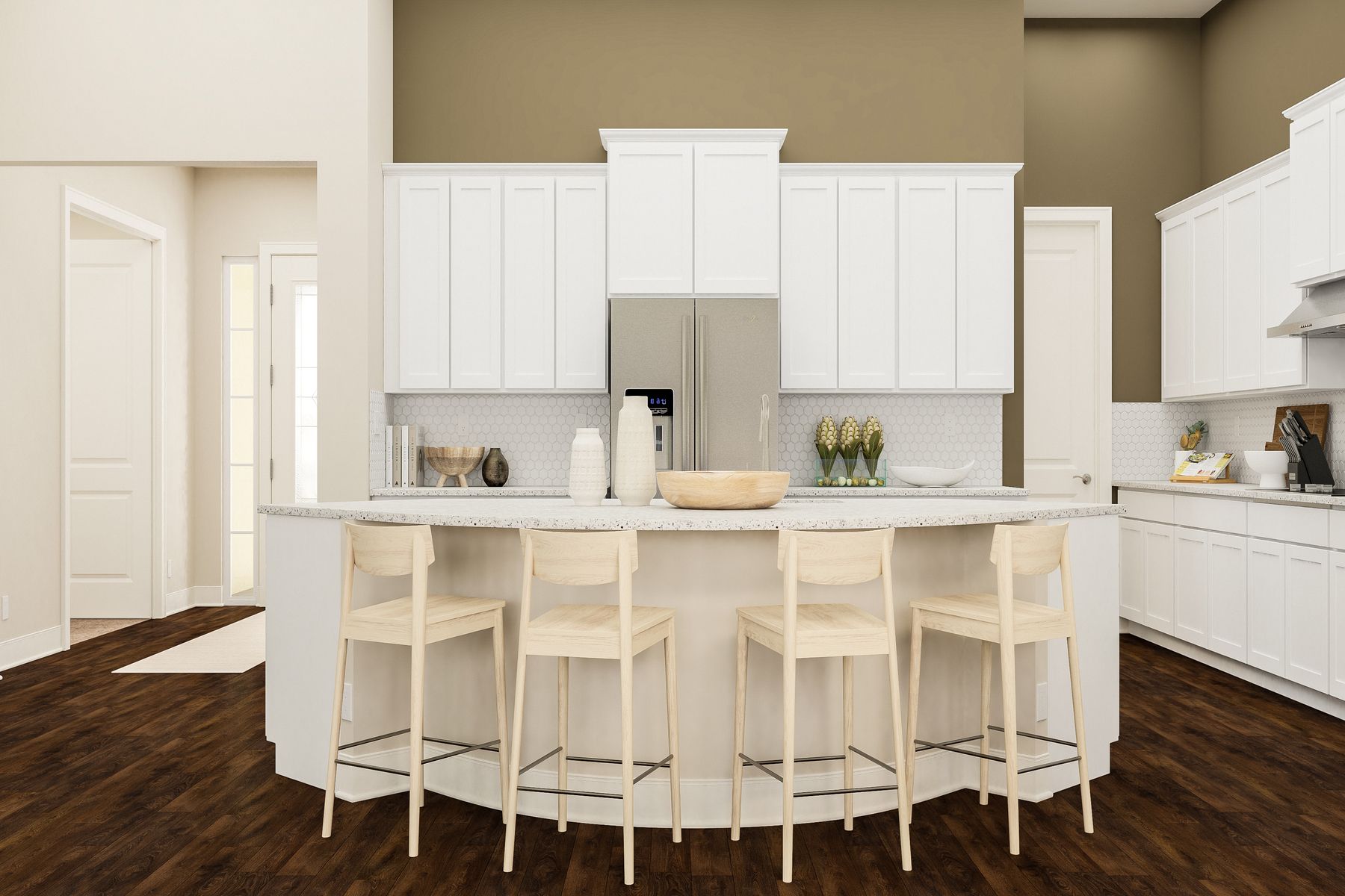 The kitchen of the Bradley II has beautiful quartz countertops and stainless-steel appliances.