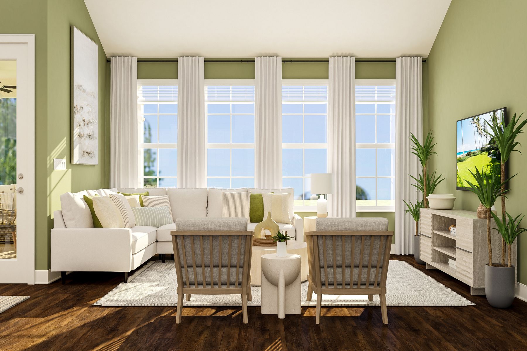 A spacious living room complete with natural, modern decor and a set of large windows, perfect for your lifestyle.