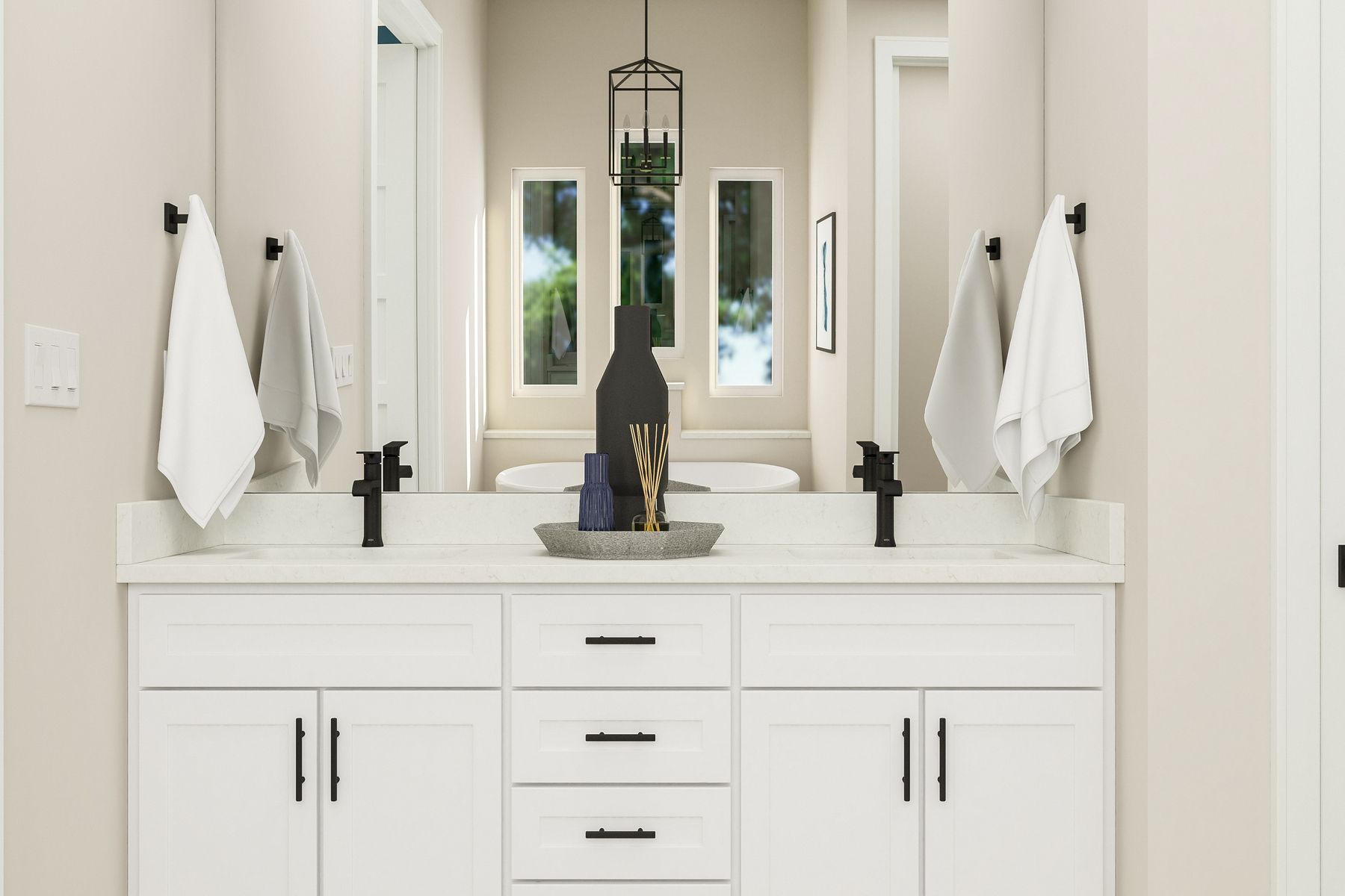 The master bathroom has a double sink vanity and plenty of cabinet space.