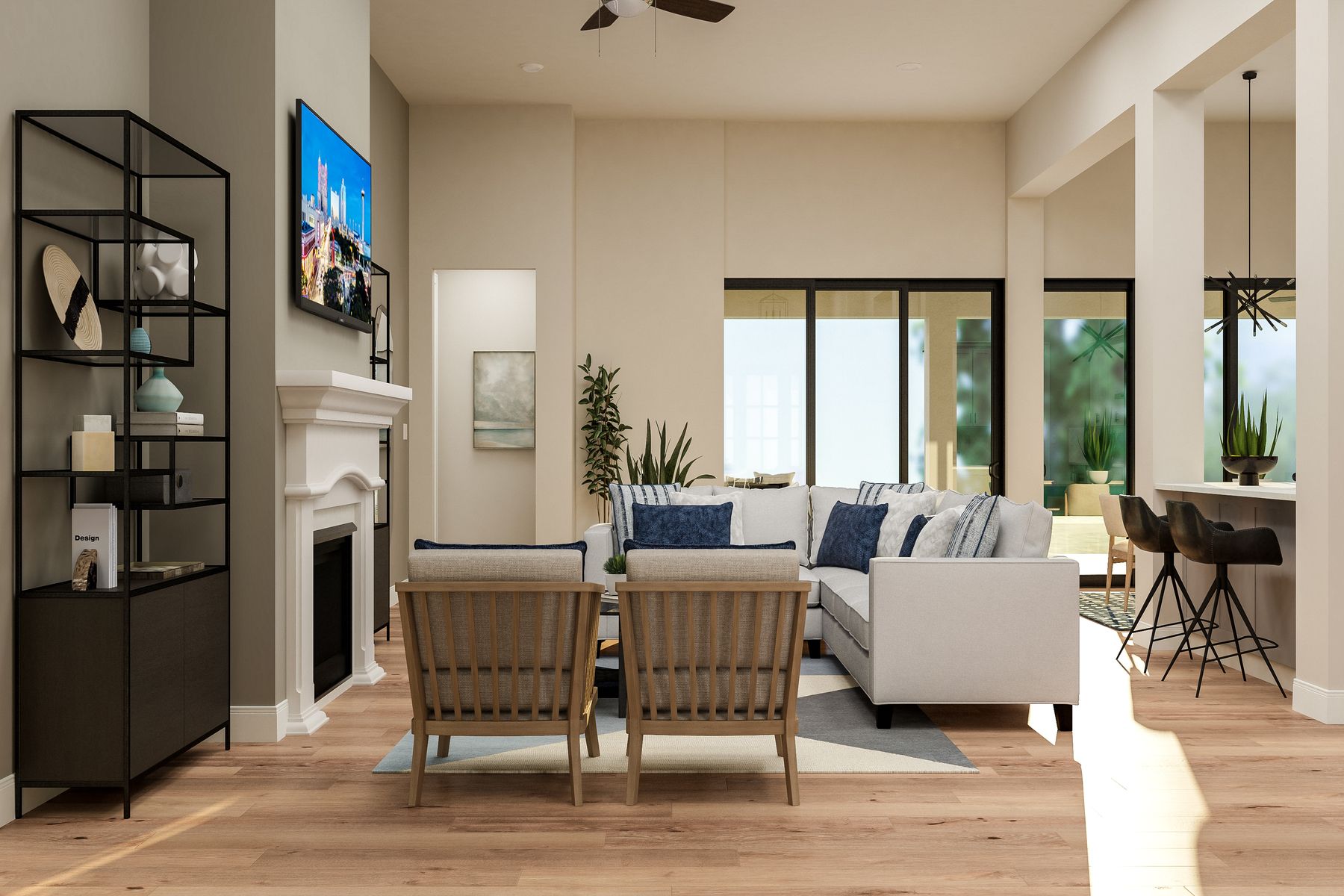The living room of the Garza has a fireplace and plenty of room for furniture. 