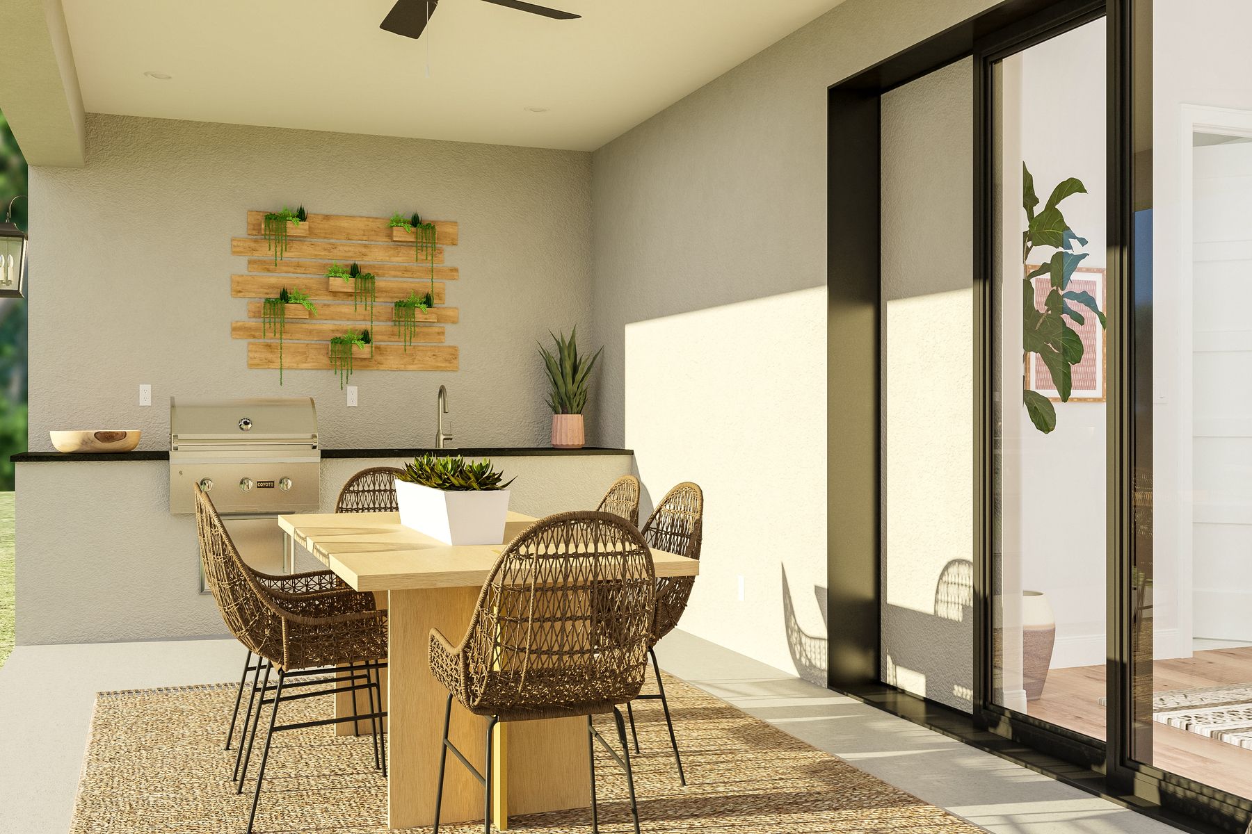 The back covered back patio of the Garza has an outdoor kitchen and plenty of space for a table or sitting area.