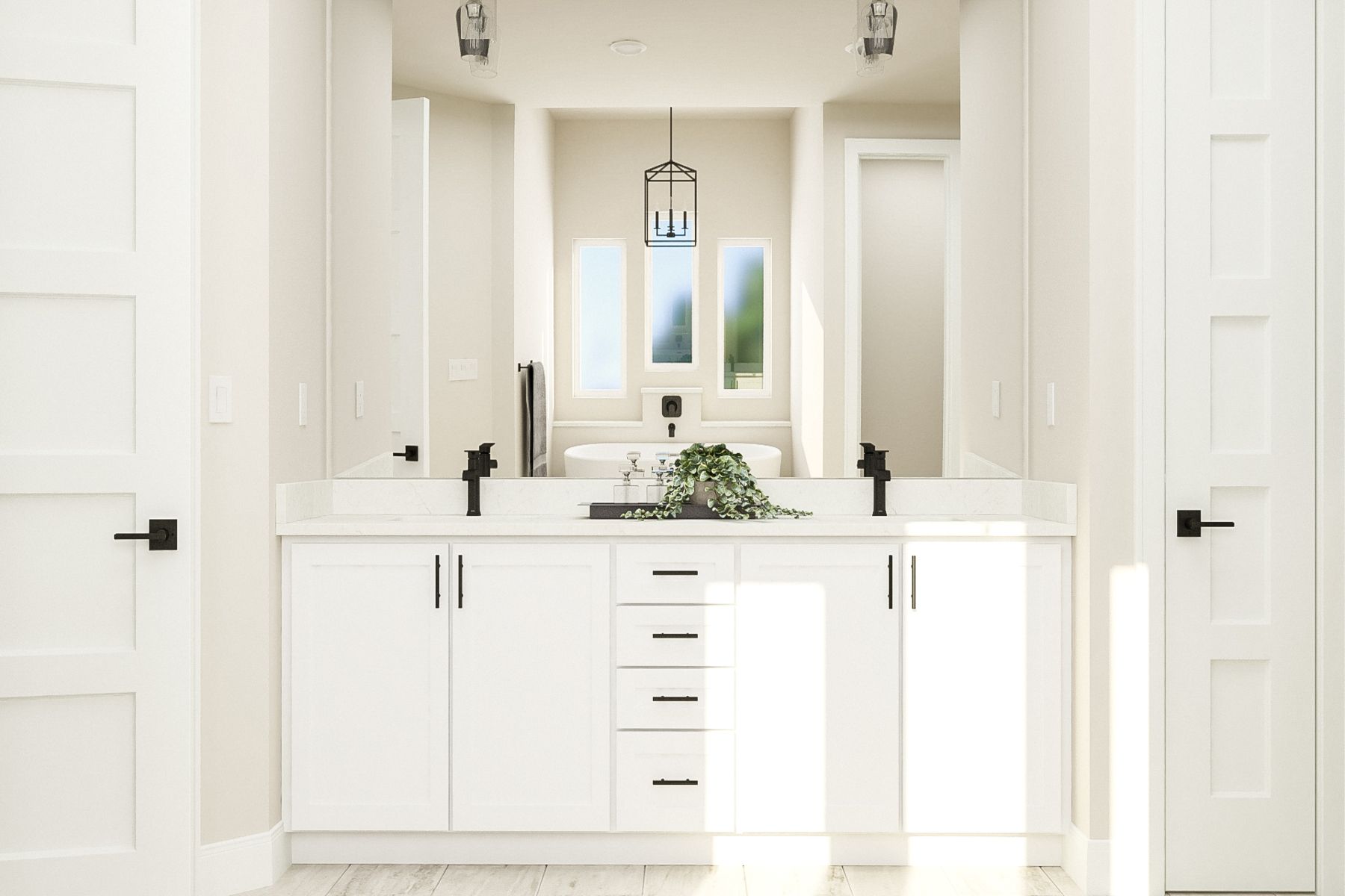 The master bathroom has dual sinks and plenty of vanity space.