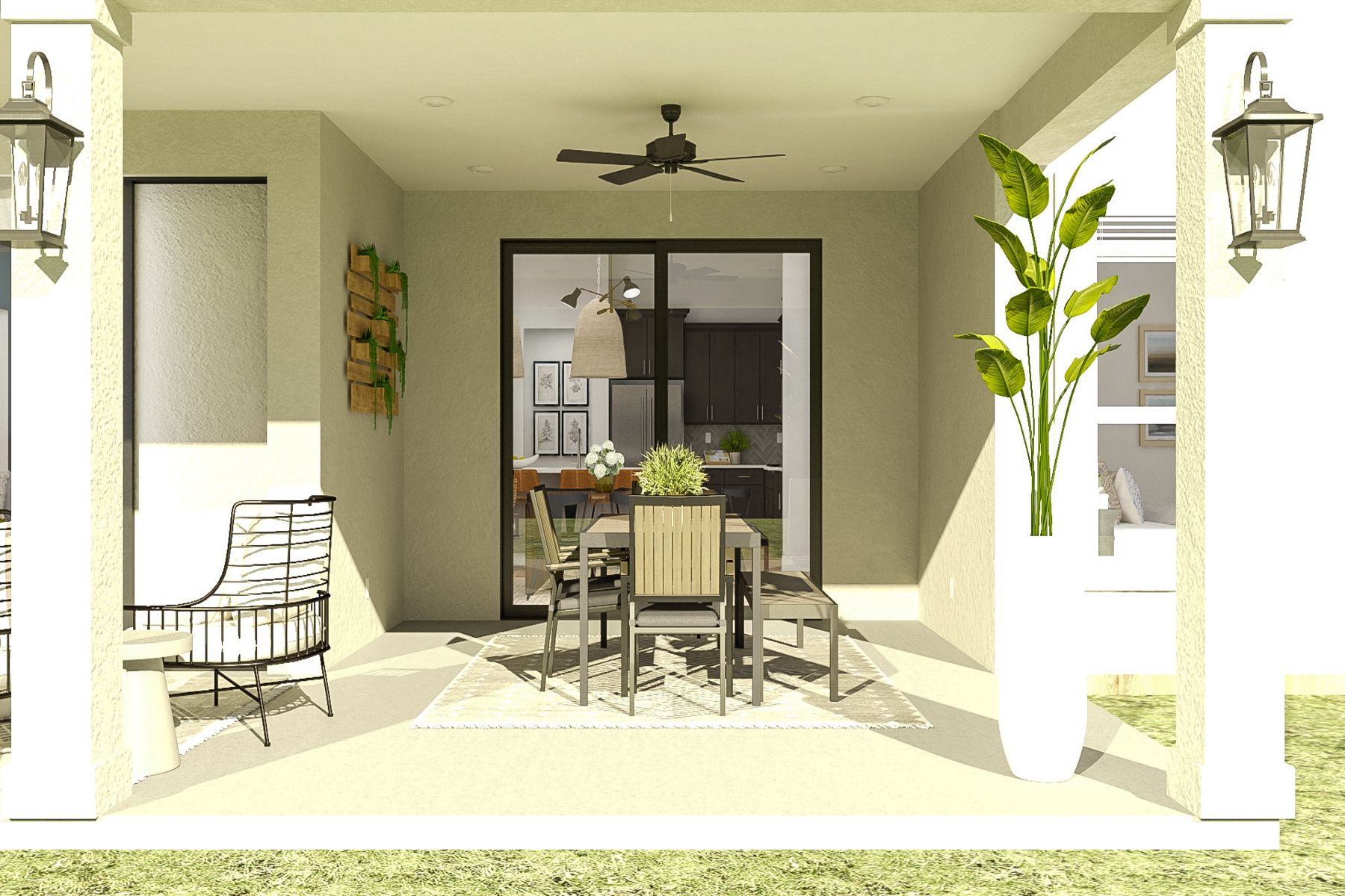 The large covered back patio is a great space for a outdoor dining table or a sitting area.