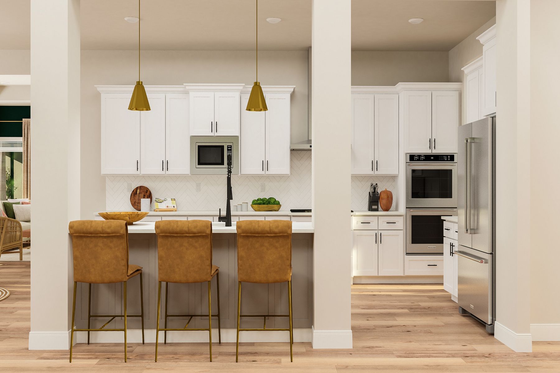 The kitchen of the Stratton II has a beautiful backplash, gorgeous quartz countertops and stainless-steel appliances.