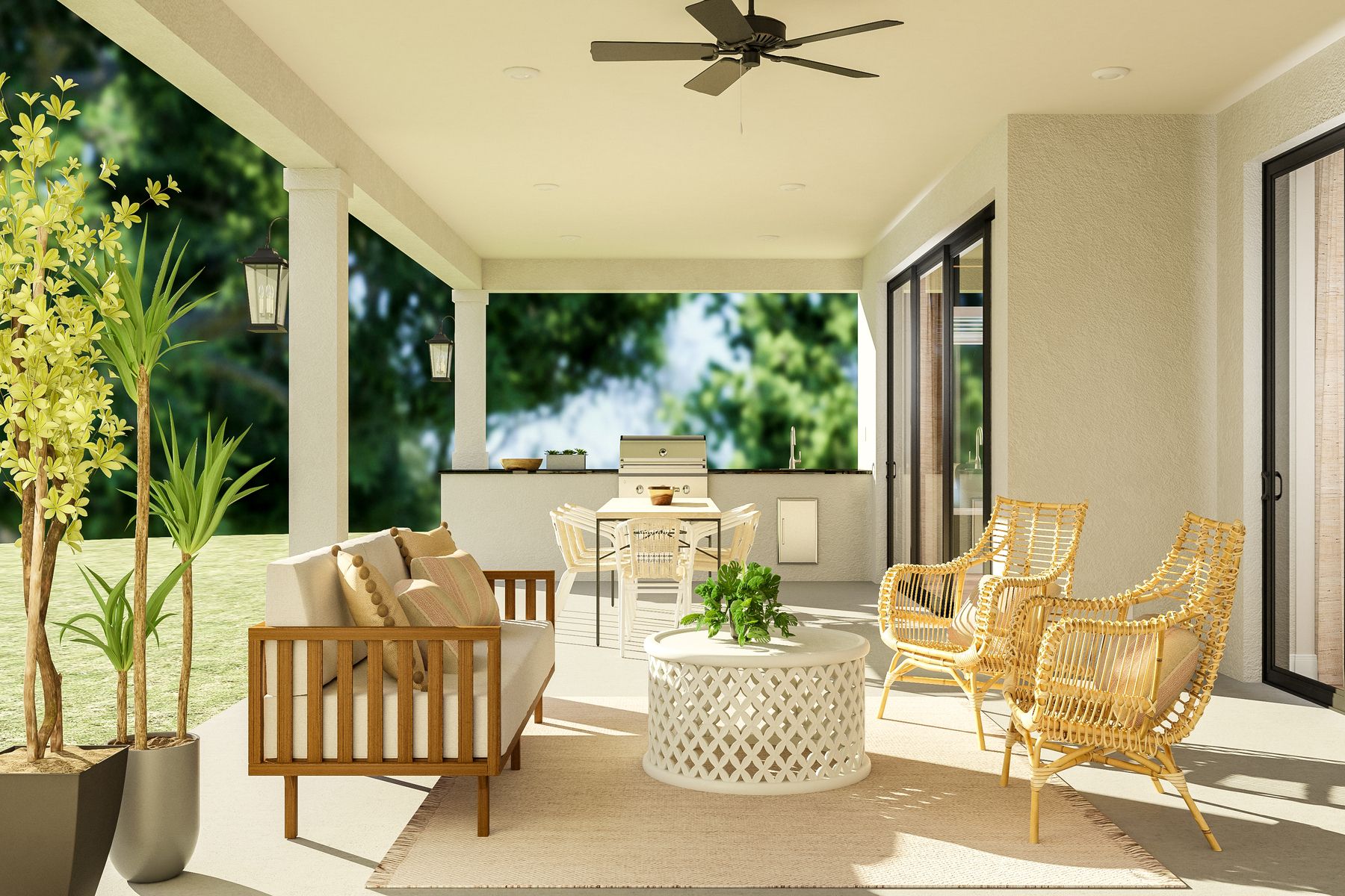 The large covered patio has an outdoor kitchen and plenty of space for an outdoor dining table and a sitting area.