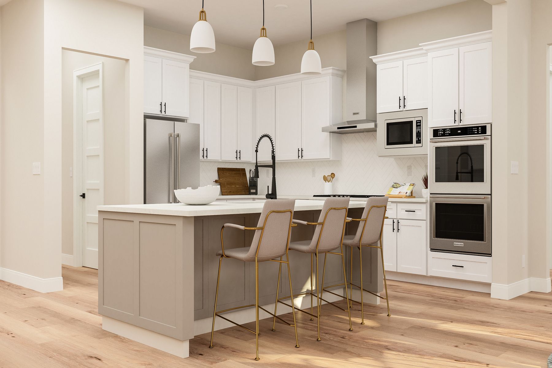 The kitchen of the Timerline II has a beautiful backsplash, gorgeous quartz countertops and beautiful wood cabinets.