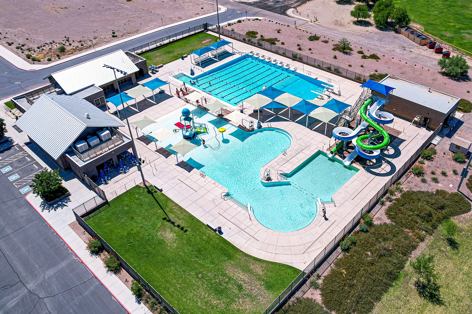 This community offers a pool, speed lanes, and water slides.