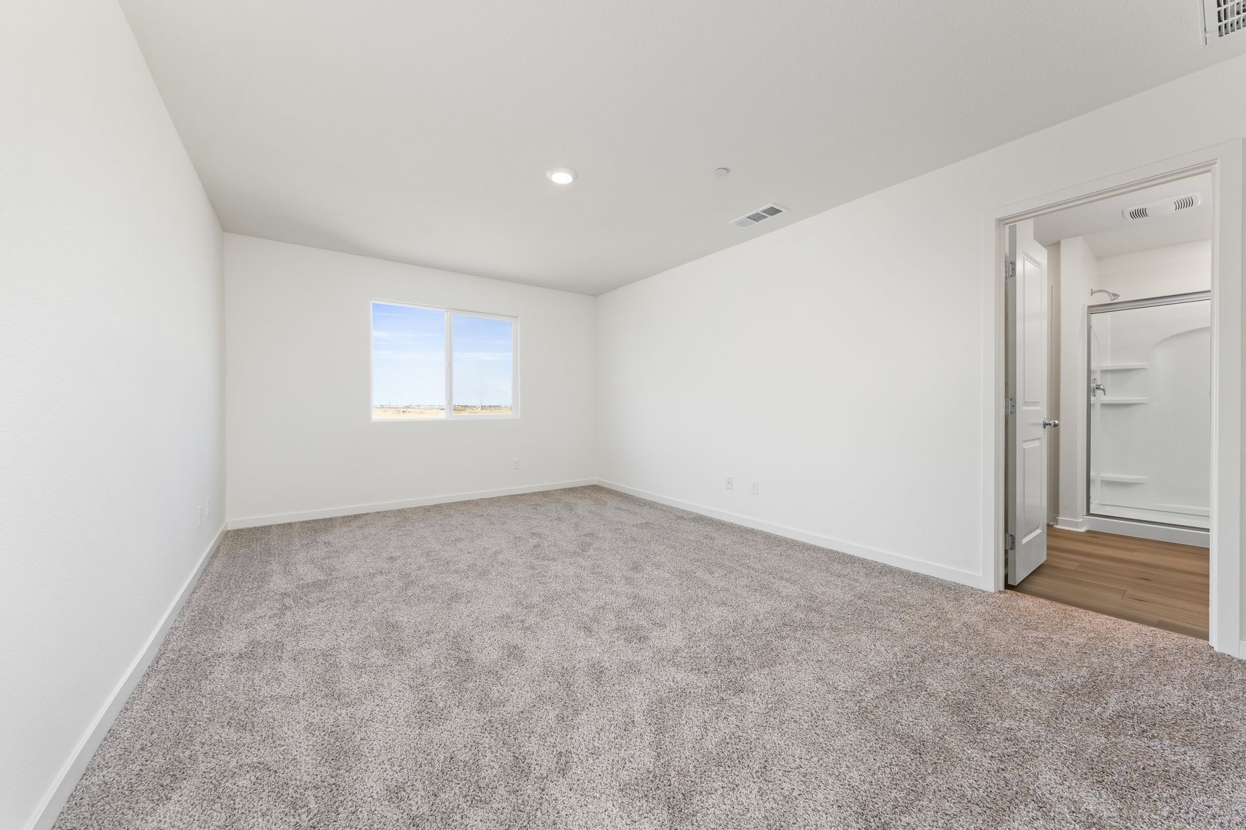 The master bedroom is spacious and has carpet. 