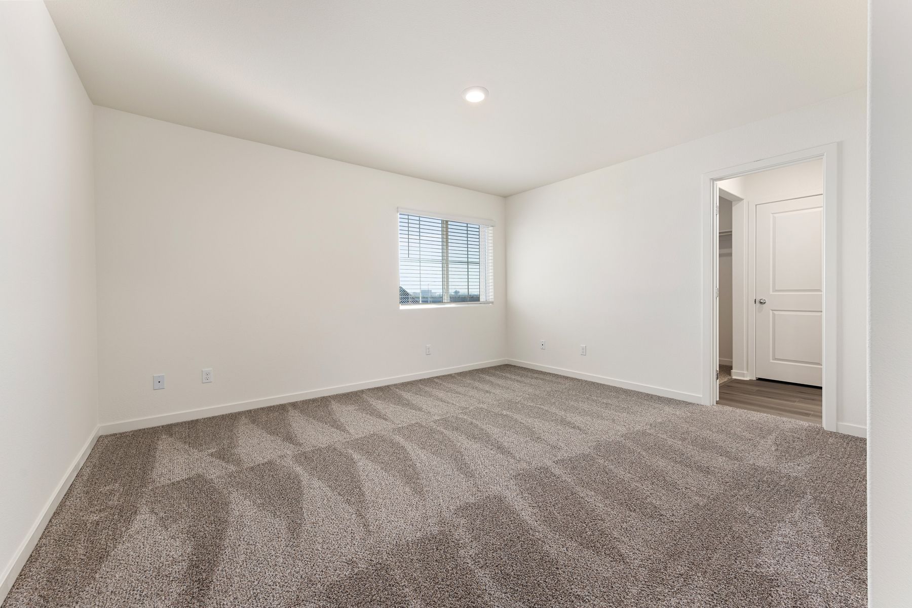 The master bedroom has carpet and a large window.
