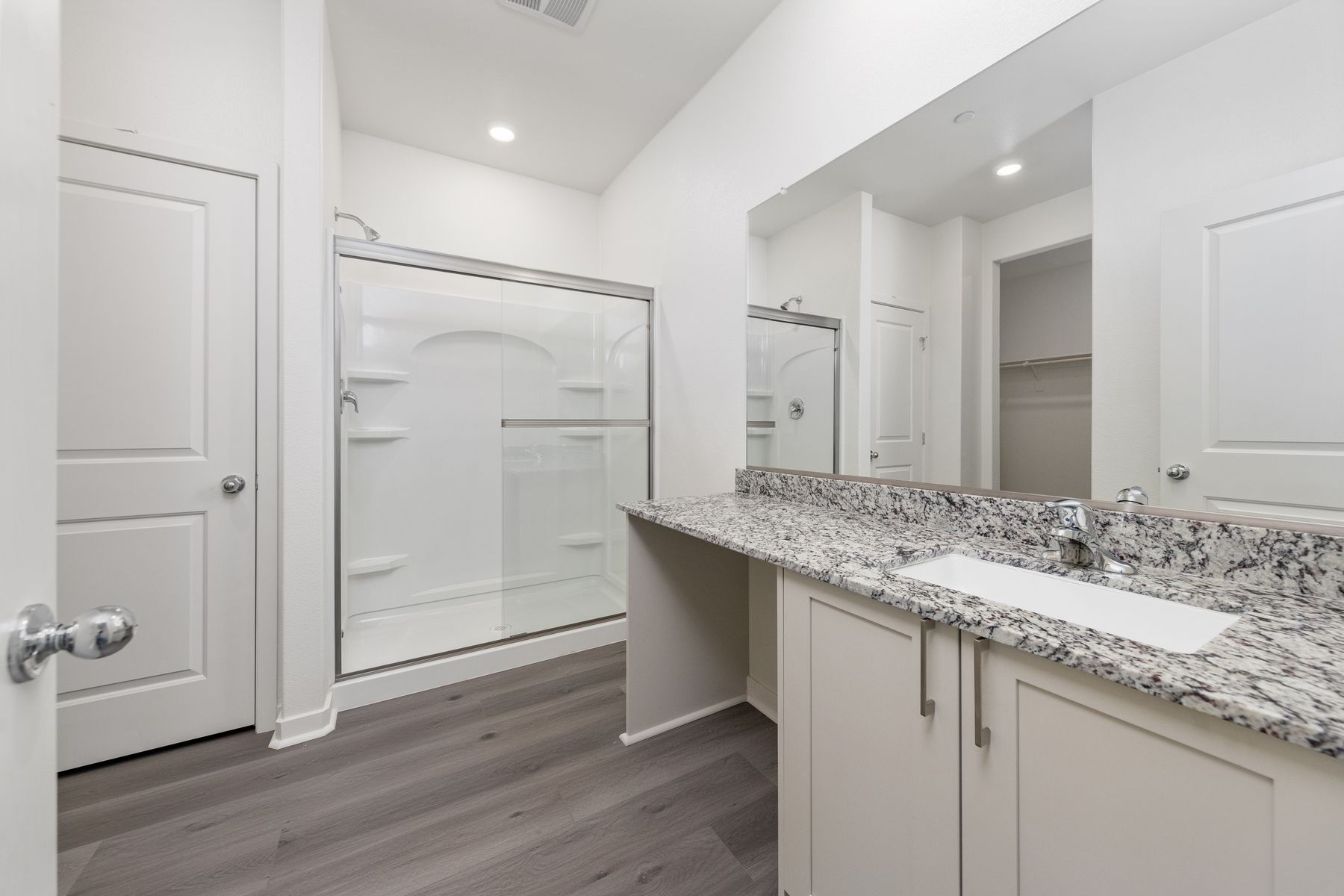 The master bathroom has a vanity and step in shower.