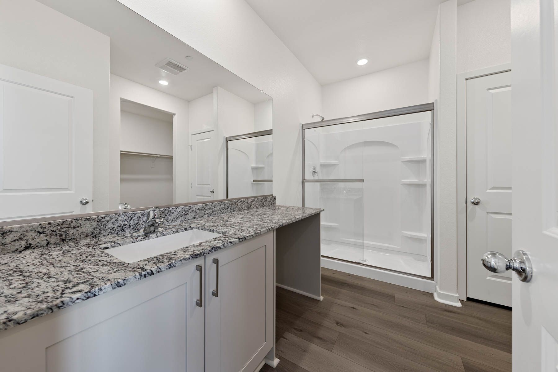 The master bathroom has a step in shower.