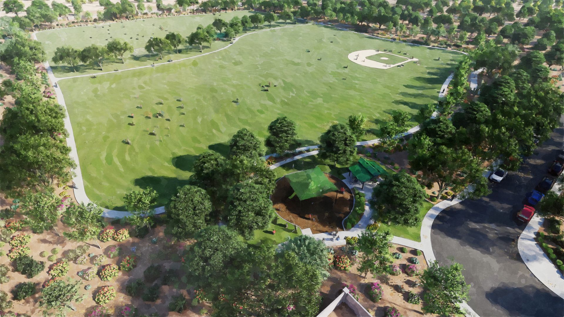 Amenities include a soccer and baseball field