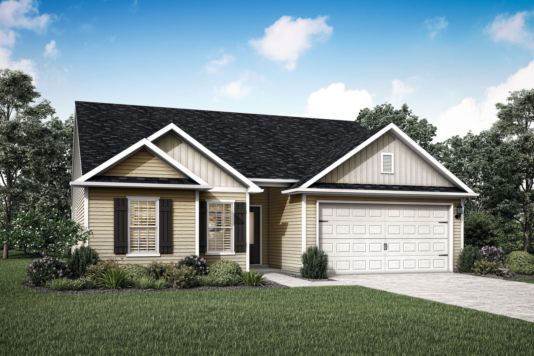 This home has two front windows and a covered porch. 