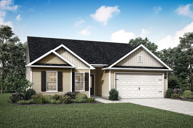 This home has two front windows and a covered porch.