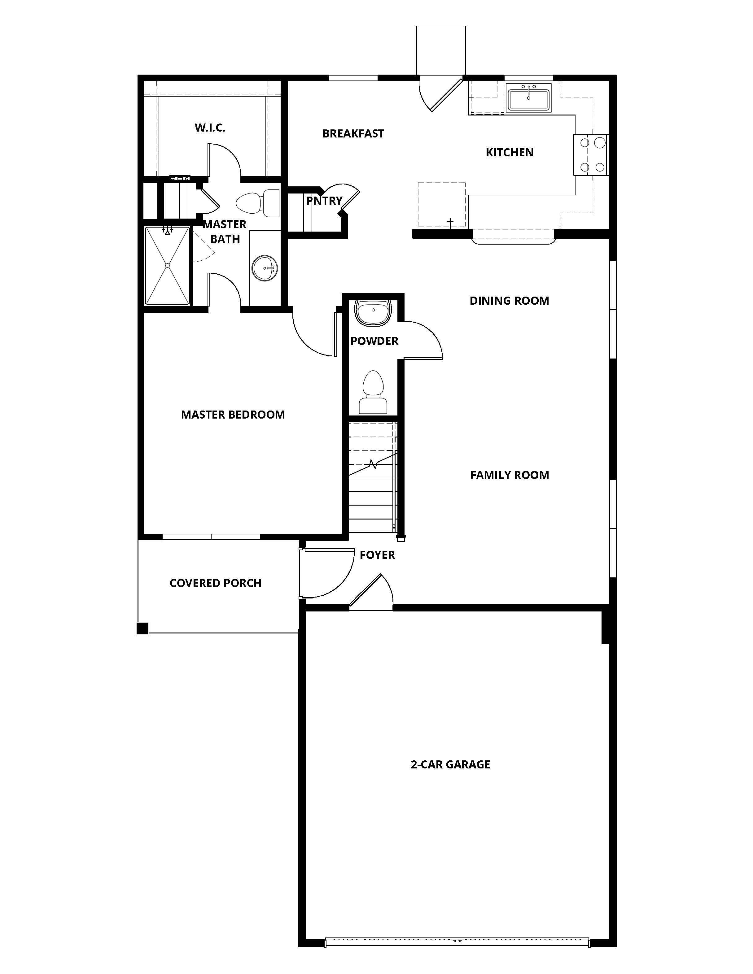 The first floor of the Piper floor plan has open living spaces and the master suite.