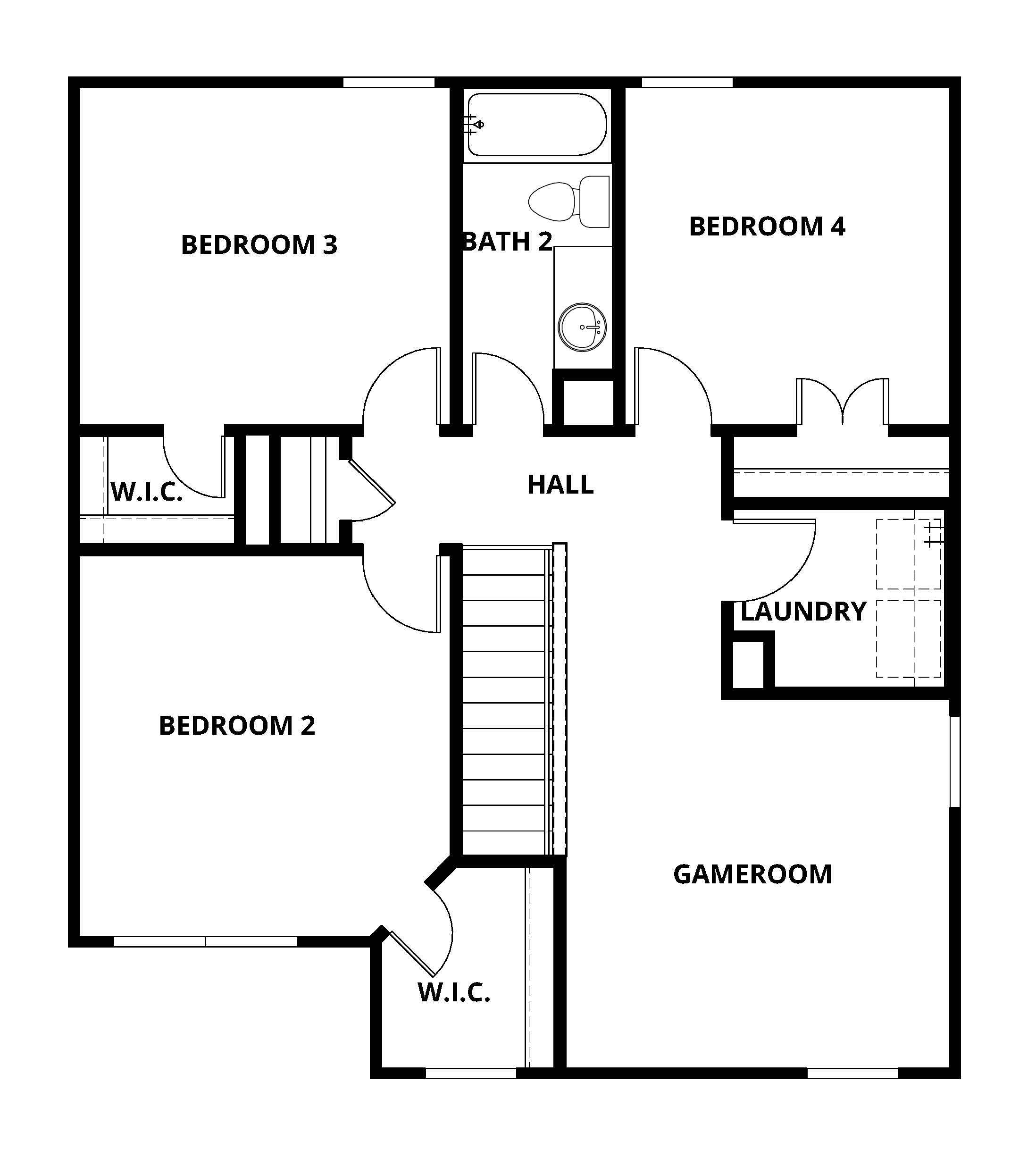 The second floor of the Piper floor plan has a loft, three secondary bedrooms and a bathroom.