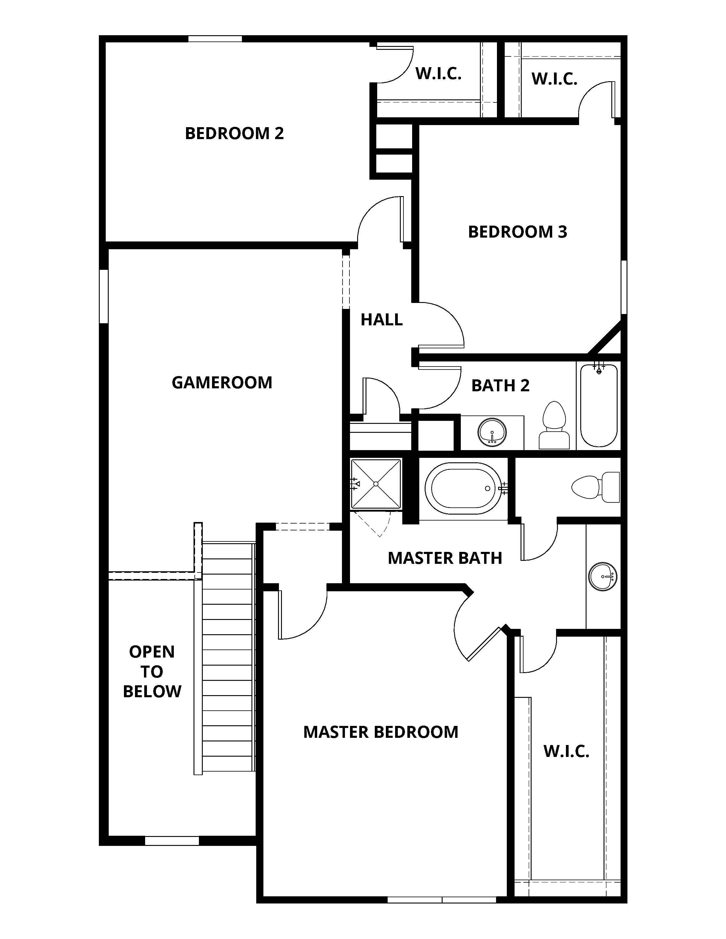 The second floor of the Rayburn plan has a loft, three bedrooms and two bathrooms.
