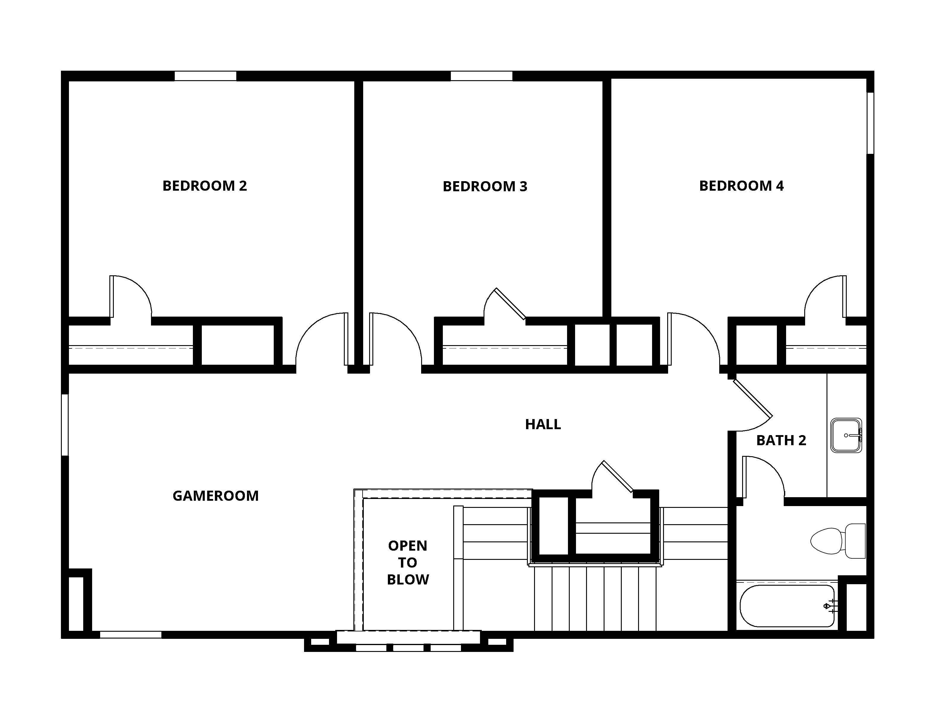 The second floor of the Murray floor plan has three secondary bedrooms, a full bathroom and a loft.