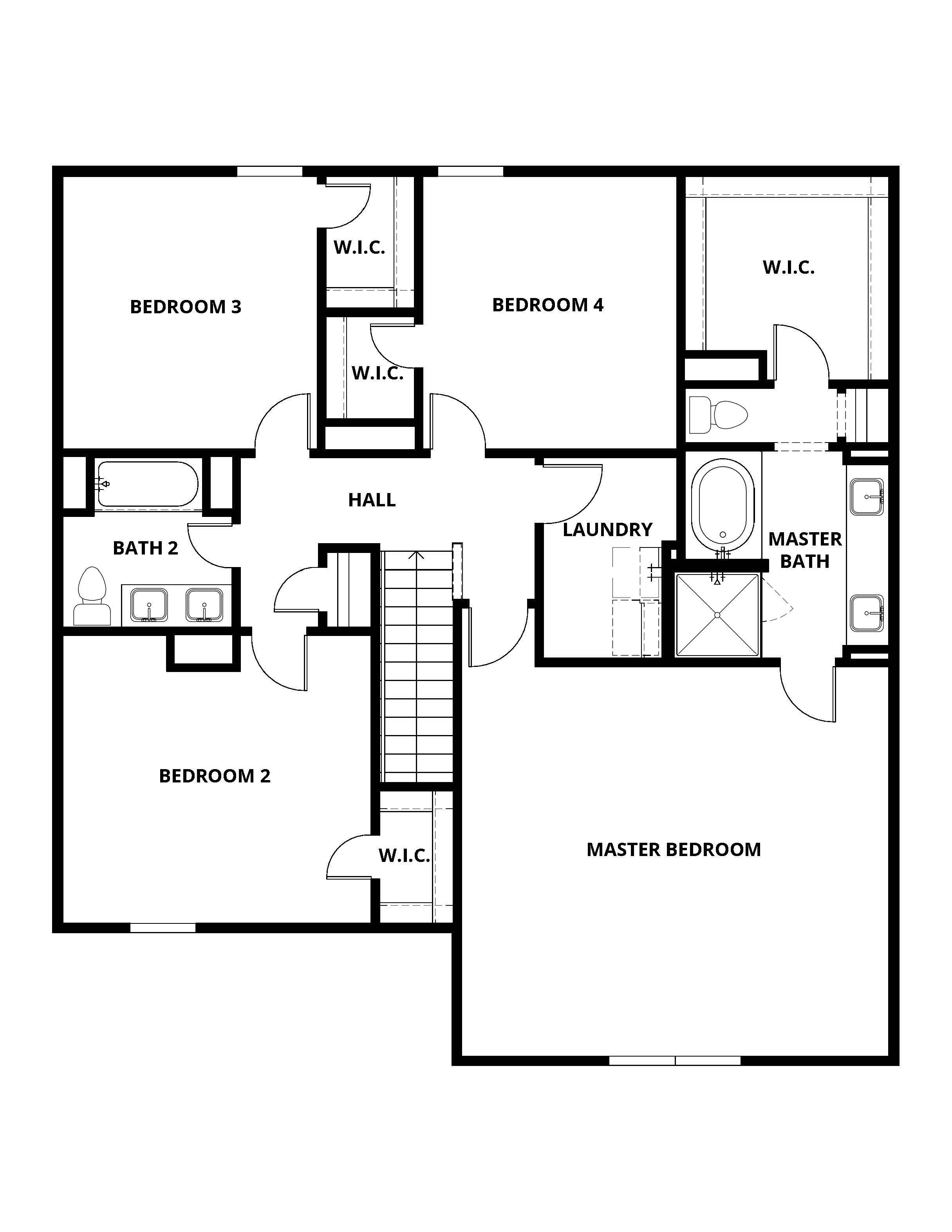 The second floor of the Sahoma floor plan has the master suite, three secondary bedrooms, a secondary bathroom and a loft. 