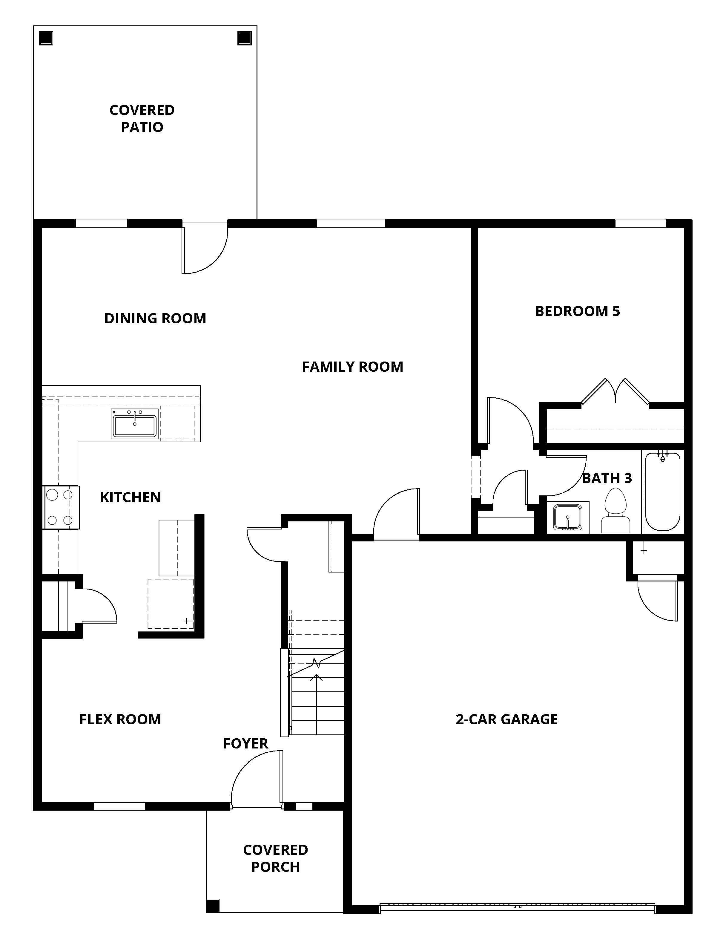 The first floor of the Sahoma plan has a wonderful open-concept layout, a secondary bedroom and a secondary bathroom.
