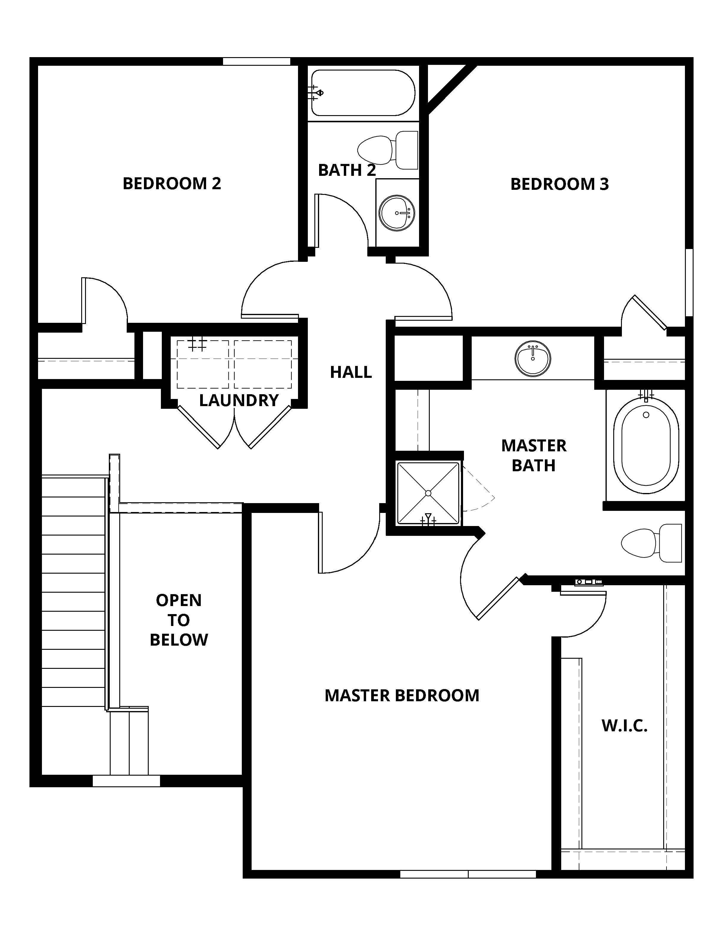 The second floor of the Colorado plan has three bedrooms and two bathrooms.