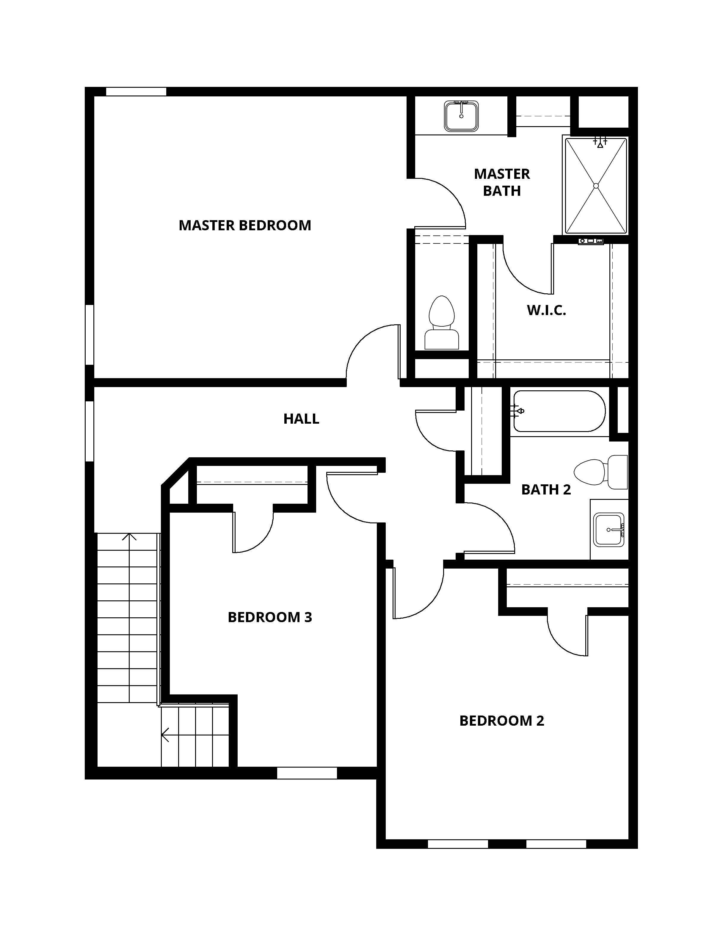 The second floor of the Dogwood has three bedrooms and two bathrooms.