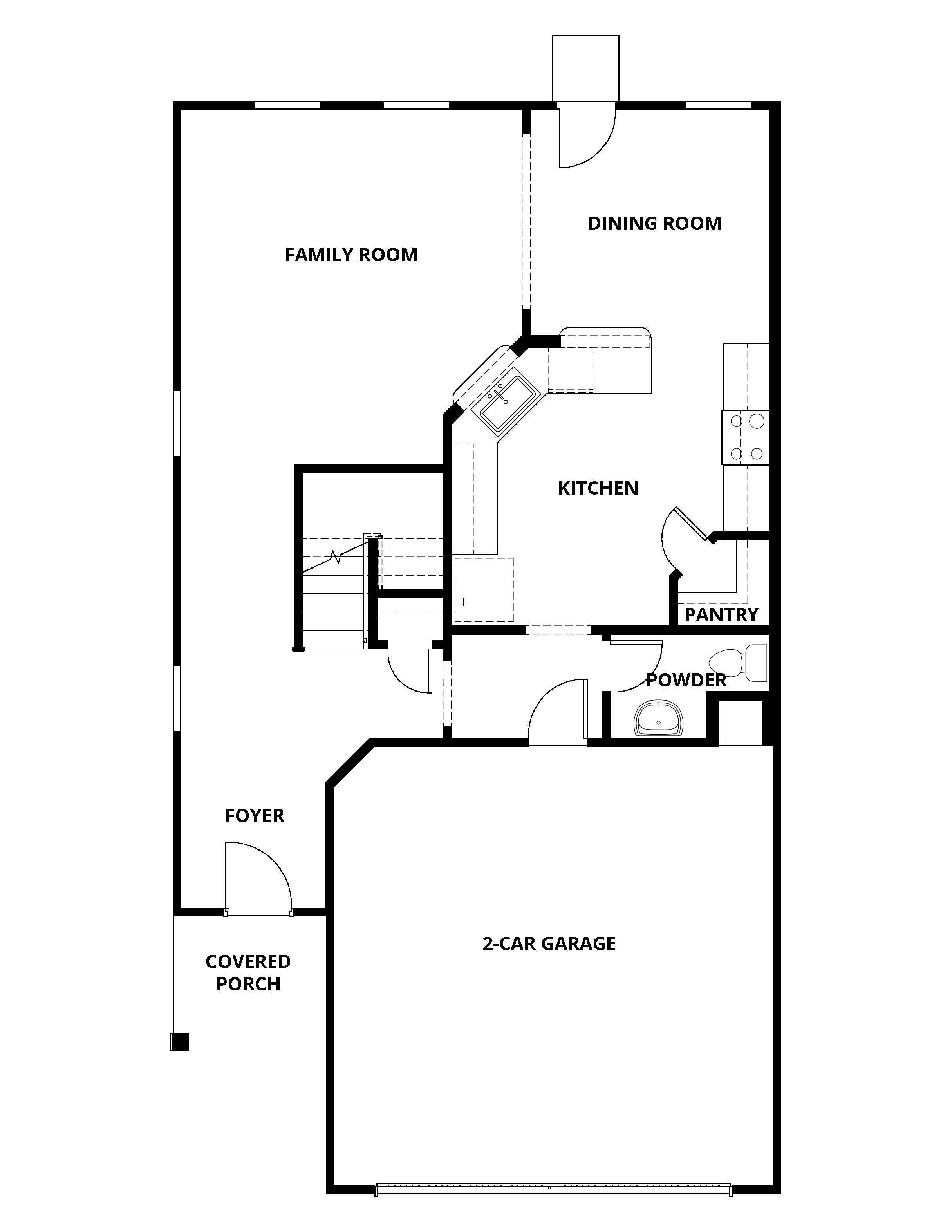 The first floor of the Juniper floor plan has open living spaces.
