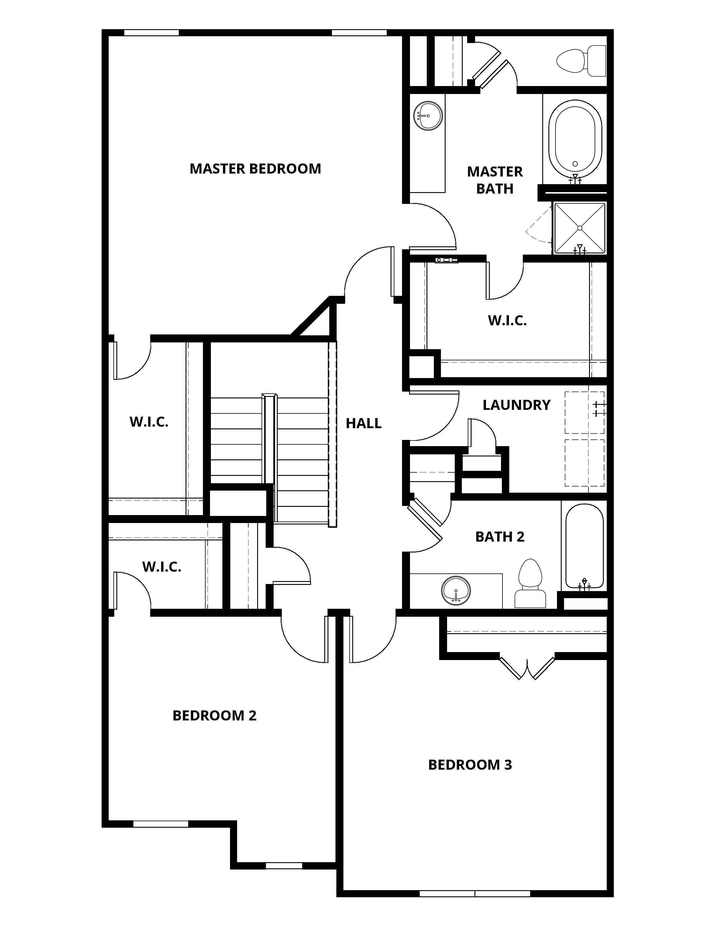 The second floor of the Juniper floor plan has three bedrooms and two bathrooms.