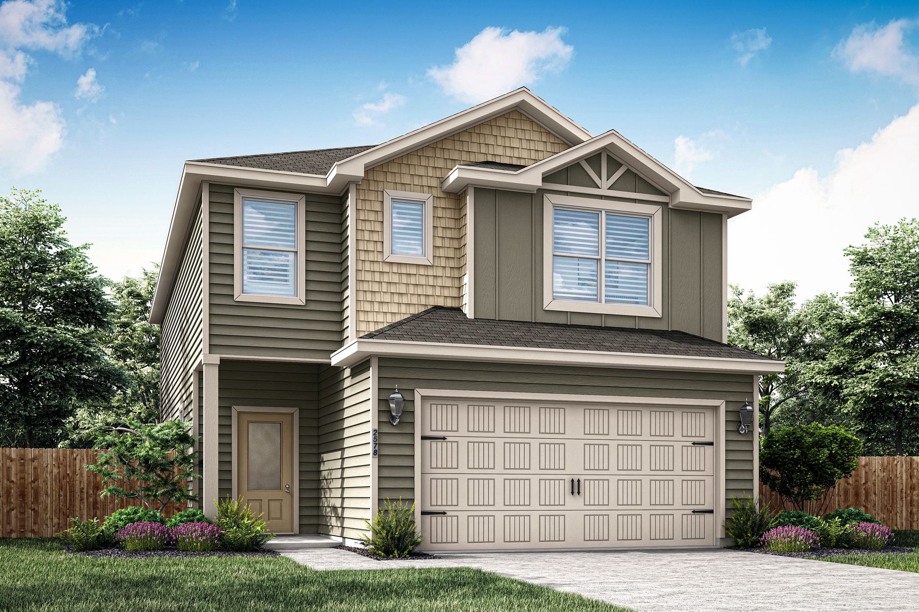 Rendering of the beautiful, two-story Juniper plan.