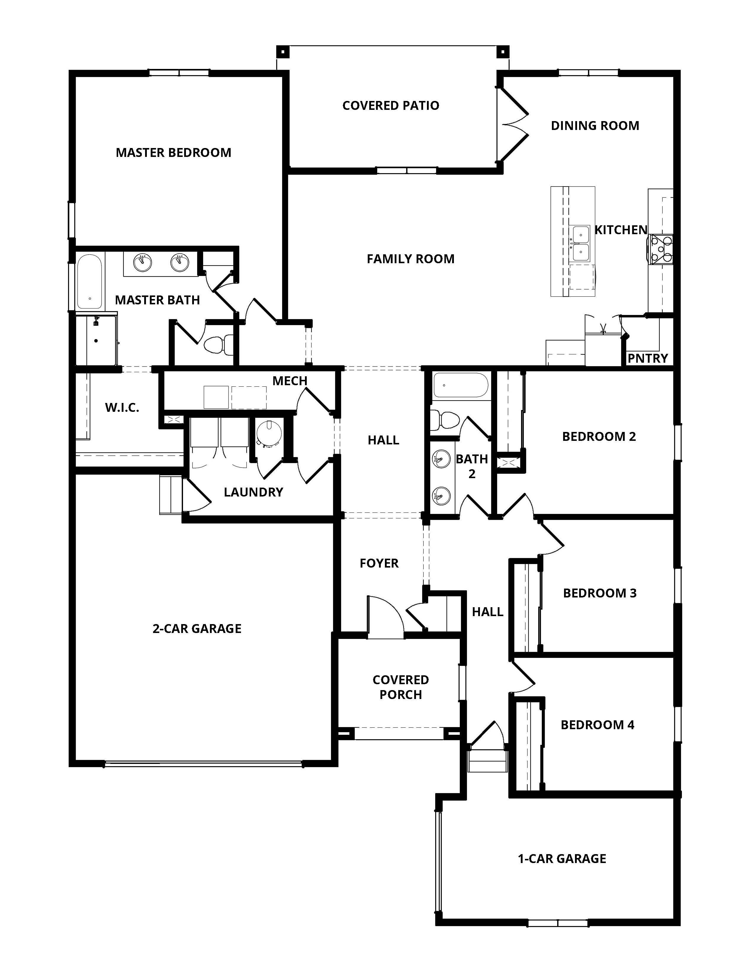 The Estes has a wonderful open-concept floor plan with four bedrooms and two bathrooms. 